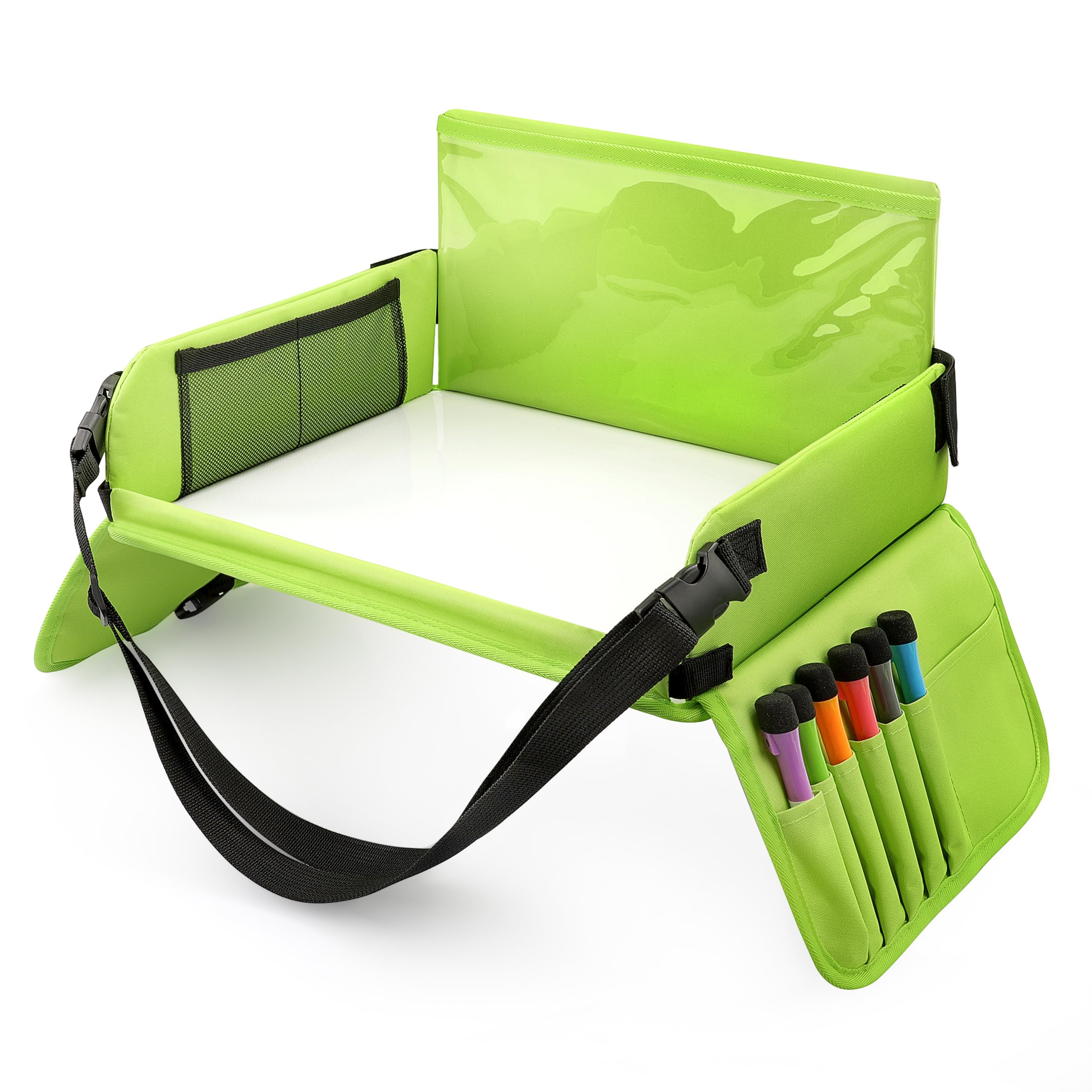 Mesa Coche para Niños,Doble Uso Bandeja Coche para Niños+Organizadores para Coche-6 Plumas Bandejas Coche para Coche, Cochecito de Bebé, Avión (Verde)