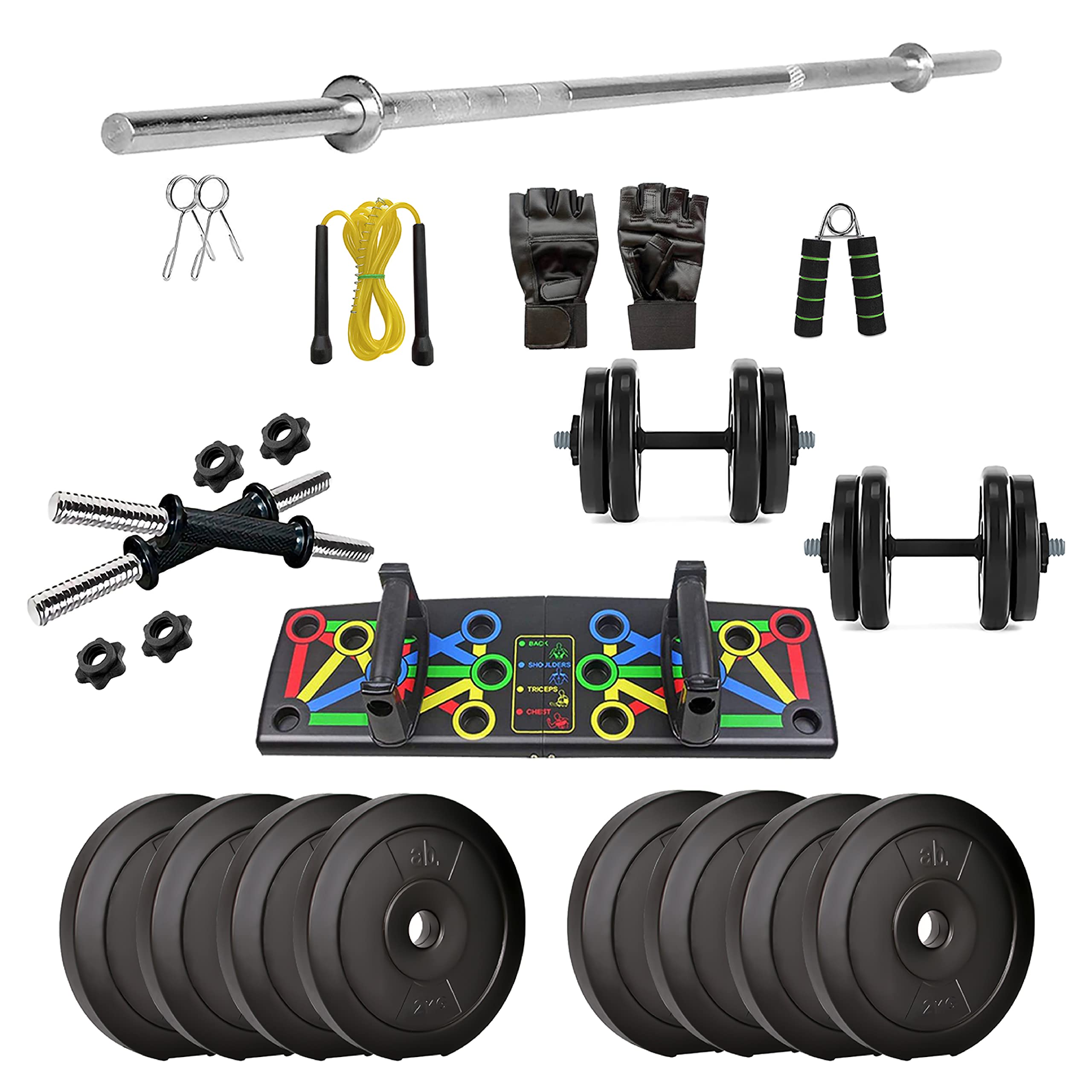 anythingbasic. PVC 16 Kg Home Gym Set with One 4 Ft Plan and One Pair Dumbbell Rods with Gym Accessories and Push Up Board, Black