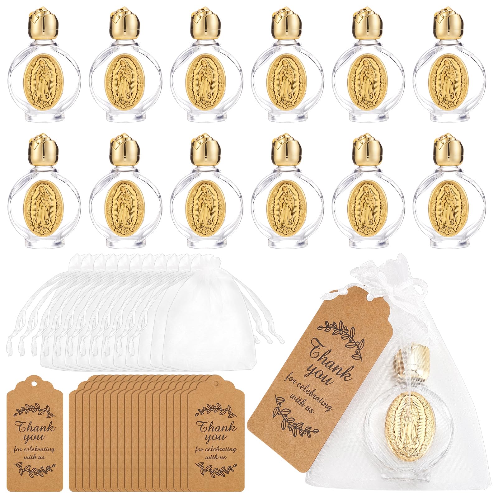 INTERWARM 24 Sets Catholic Water Bottle,15ml Embossed Glass Holy Water Bottle with Cap,Religious Holy Container with Tags and Gauze Bag for Spiritual Events Gift Baptisms Party(Golden)