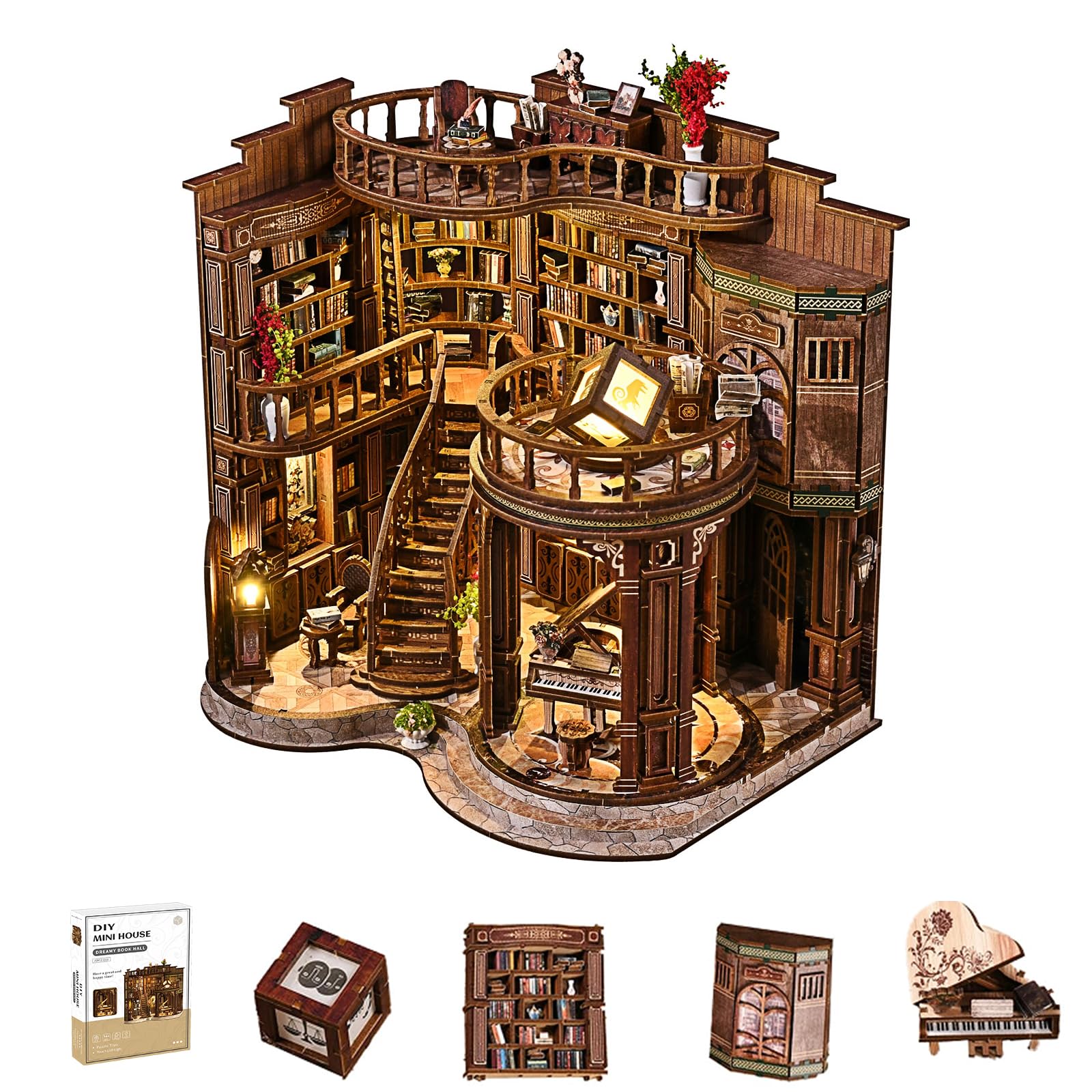 DIY Book Nook Kits for Adults - 3D Wooden Puzzle BookNook Miniature House with LED Light - Bookshelf Decor Library Diorama Kit - Model Building Bookend for Teens Book Lover Gifts - Dreamy Book Hall