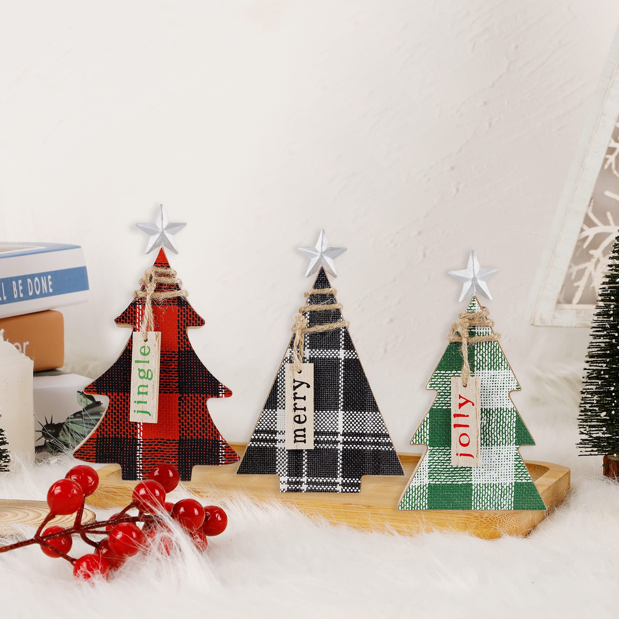 Set Di 4 Decorazioni Natalizie Da Tavolo In Legno – Alberelli Di Natale Astratti Con Stelle, Colori Nero, Bianco E Naturale - 5