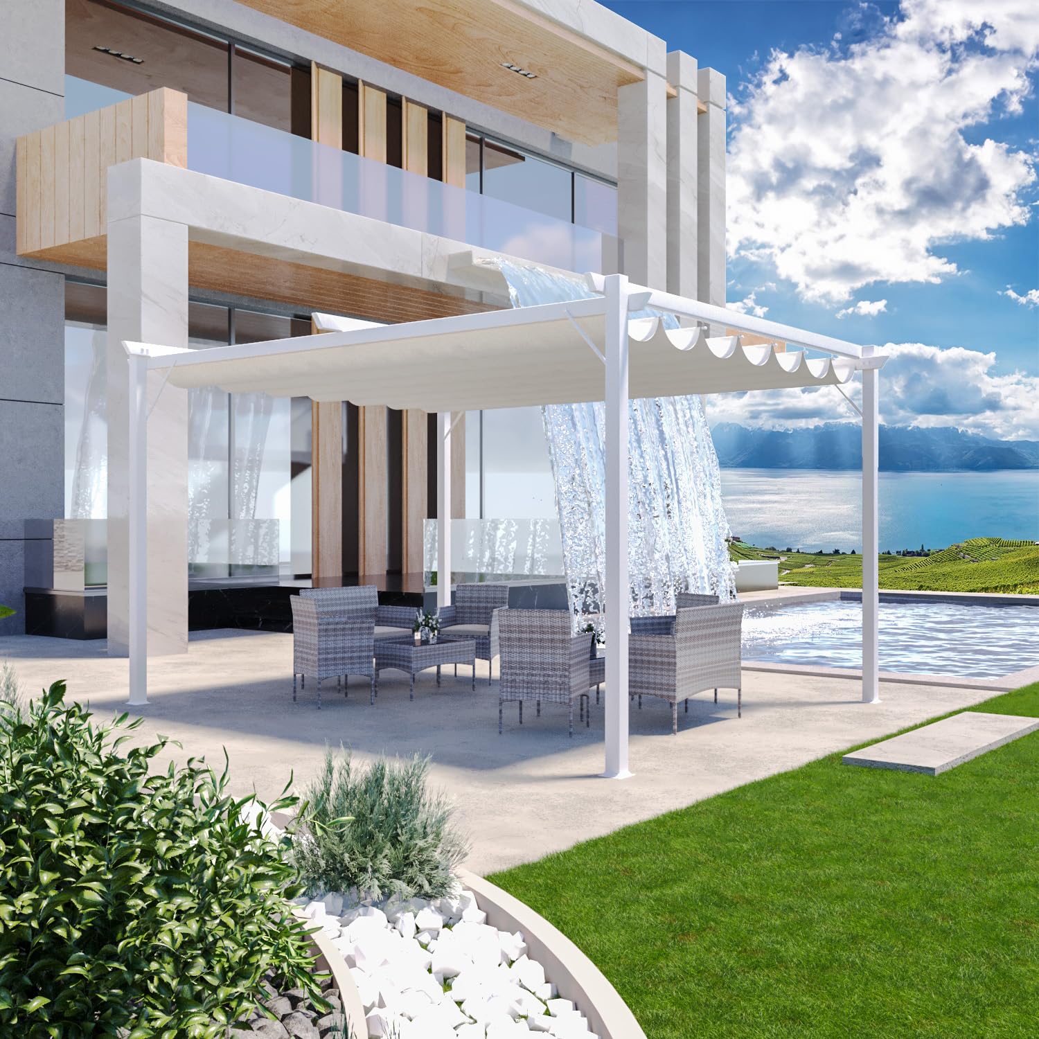 Gazebo Pergola 3 x 4 M con Telo Bianco Impermeabile Retrattile Richiudibile Struttura in Acciaio Bianco per Giardino Terrazzo Piscina Esterno Fiere Campeggio Design Elegante