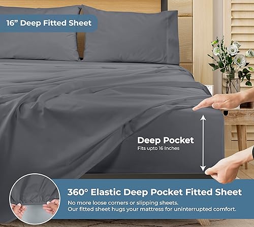 Miniatura 3 de ROYALE LINENS Juego de sábanas tamaño King 100% algodón orgánico, tejido percal, 4 piezas, 1 encimera, 1 sábana bajera de bolsillo profundo y 2