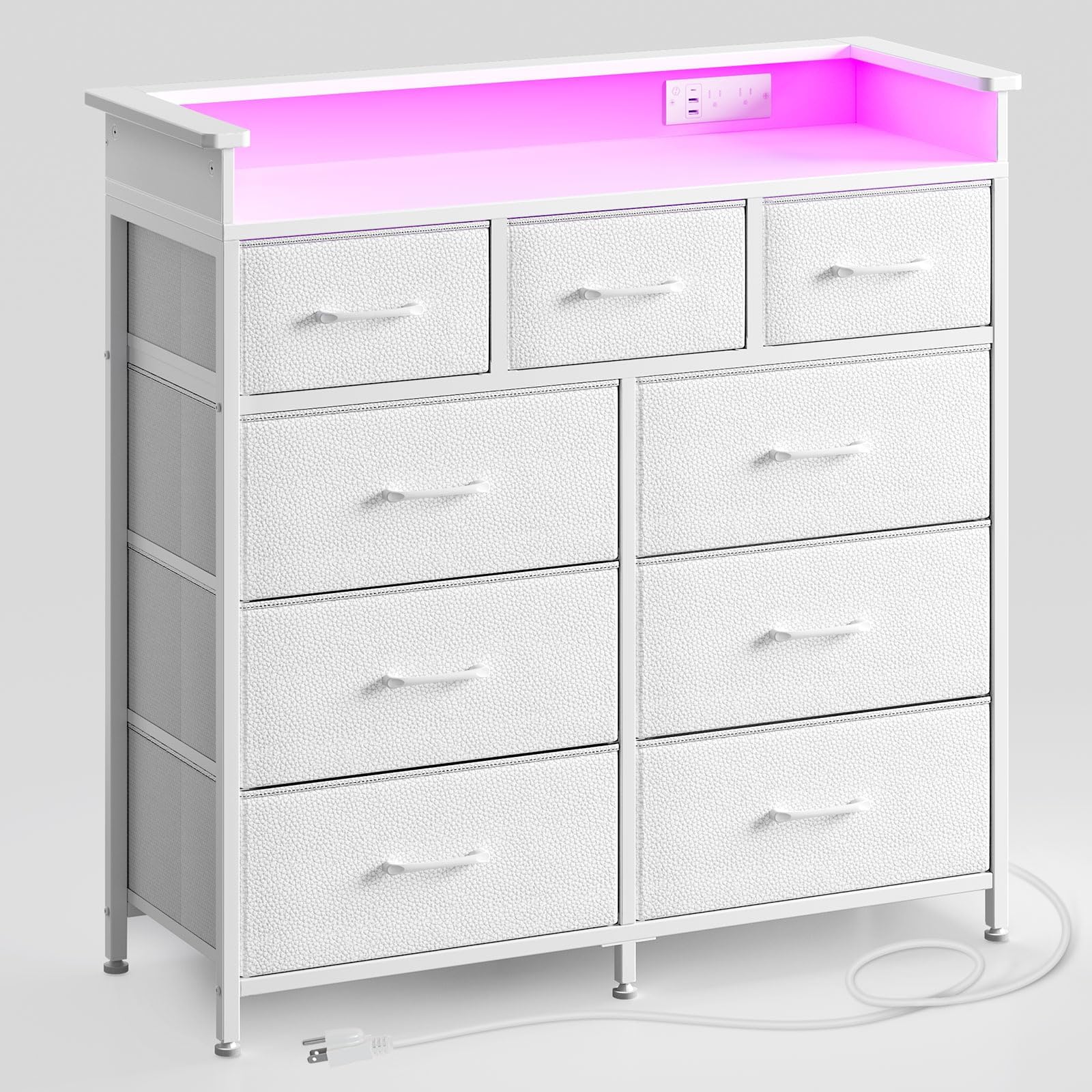 Rolanstar Dresser with LED Lights and Power Outlets, Tall Dresser for Bedroom, 9 Drawers Dresser with PU Finish, Fabric Chest of Drawers with Sturdy Frame and Wood Top, Living Room, Hallway, White