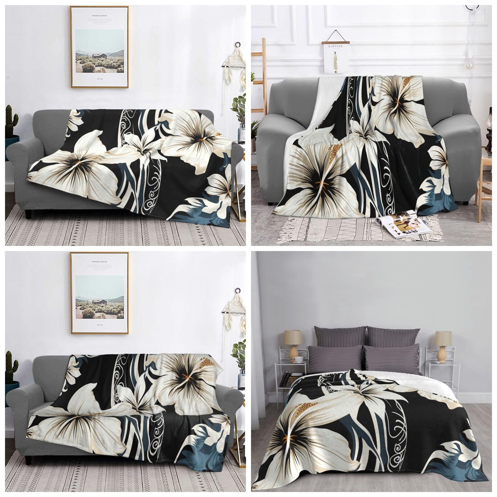 Couverture flanelle blanche fleurs hawaïennes 167x228cm plaid respirant