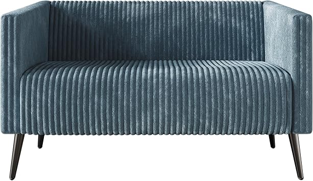 Modern Velvet Loveseat Sofa with Vertical Channel Back, Padded Arms and Metal Legs, Light Blue