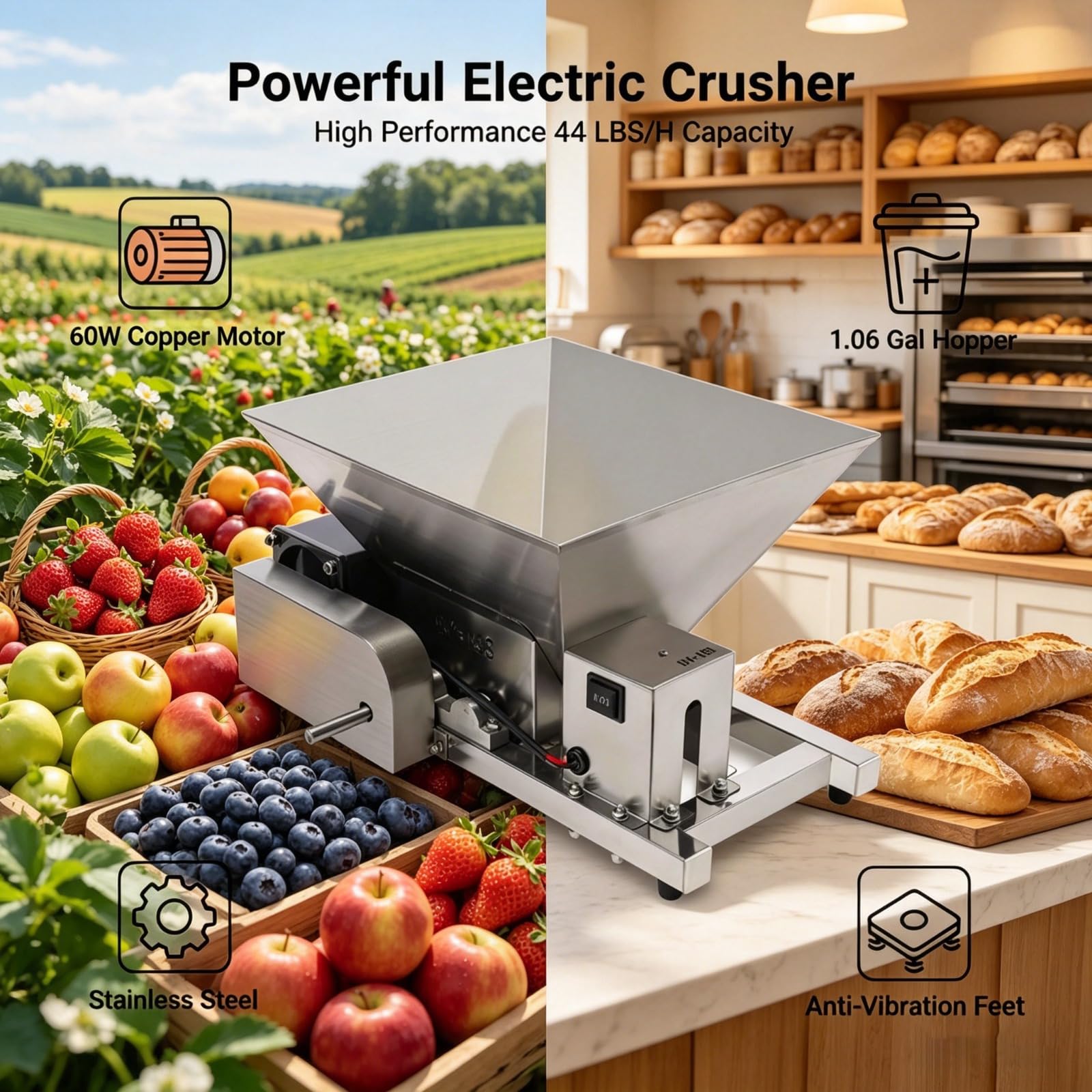 Elektrische Obstmühle Maischemühle 60W 4L Obsthäcksler Maischemühle Obstpresse für Mahlen von Obst Brot und braunem Zucker 52*30*38cm
