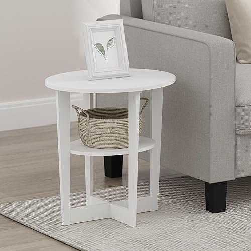 Miniatura 2 de Furinno Jaya Mesa auxiliar, mesa auxiliar redonda de 2 niveles con mesa ovalada, mesita de noche, mesita de noche con estante abierto, para sala de