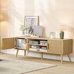 FIONESO Fluté TV Stand pour 32-60 pouces TV, TV Console, Centre de divertissement avec 2 Cabinets & Étagère, TV Table, Console de médias avec poignée en or pour salon, naturel