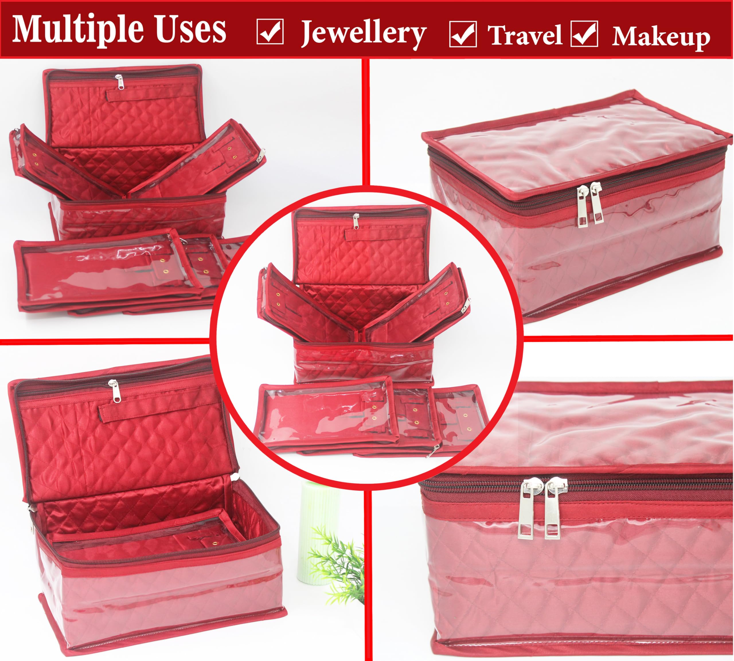 atorakushon® Satin Makeup Pouches Cosmetic Necklace Earrings Vanity Jewellery Organiser for Women's (Maroon) 4