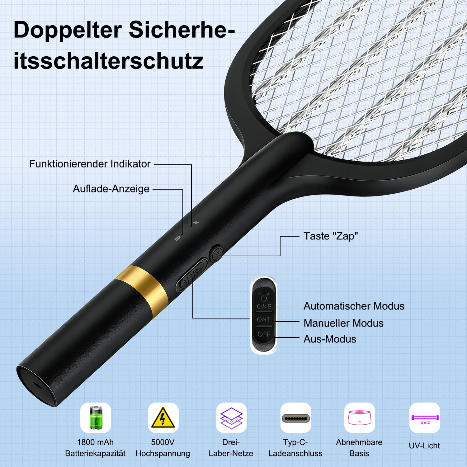 Electric Fly Swatter Racchetta Zanzare Elettrica 5000V 1800mAh con USB Ricaricabile e LED 2 in 1 con Base Recargable, LED Trappola per Zanzare para Uso en Interiores y al Aire Libre (1 pezzo)