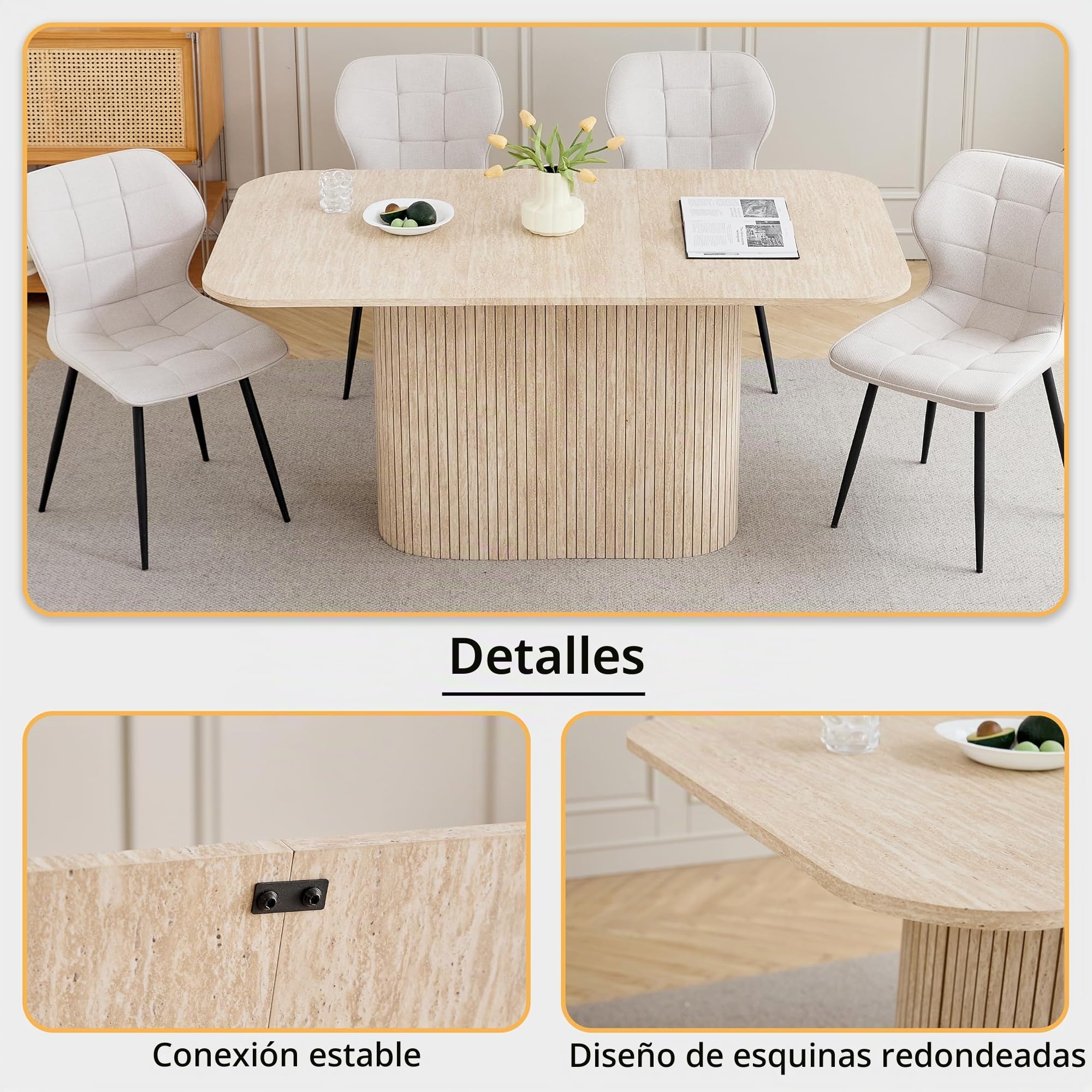 GrandCA HOME Mesa de Comedor Rectangular con Esquinas Redondeadas, Moderna Mesa de Comedor de 160 cm con Base de Madera, Amplia Superficie de Trabajo de MDF, 4-8 Personas, Color Travertino Amarillo