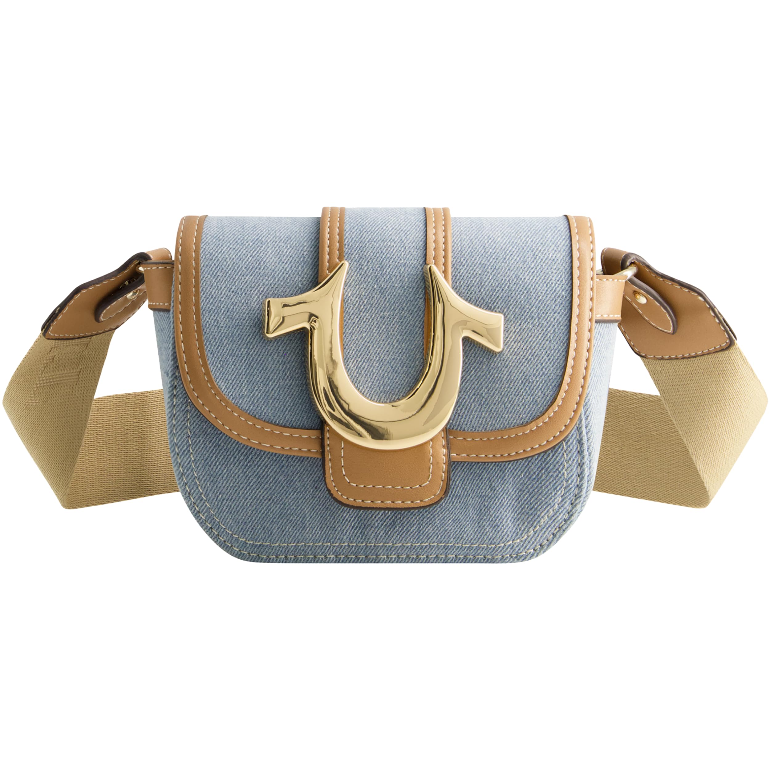 True Religion Women's Crossbody Bag, Denim Mini Flap Adjustable Shoulder Handbag with Horseshoe Logo