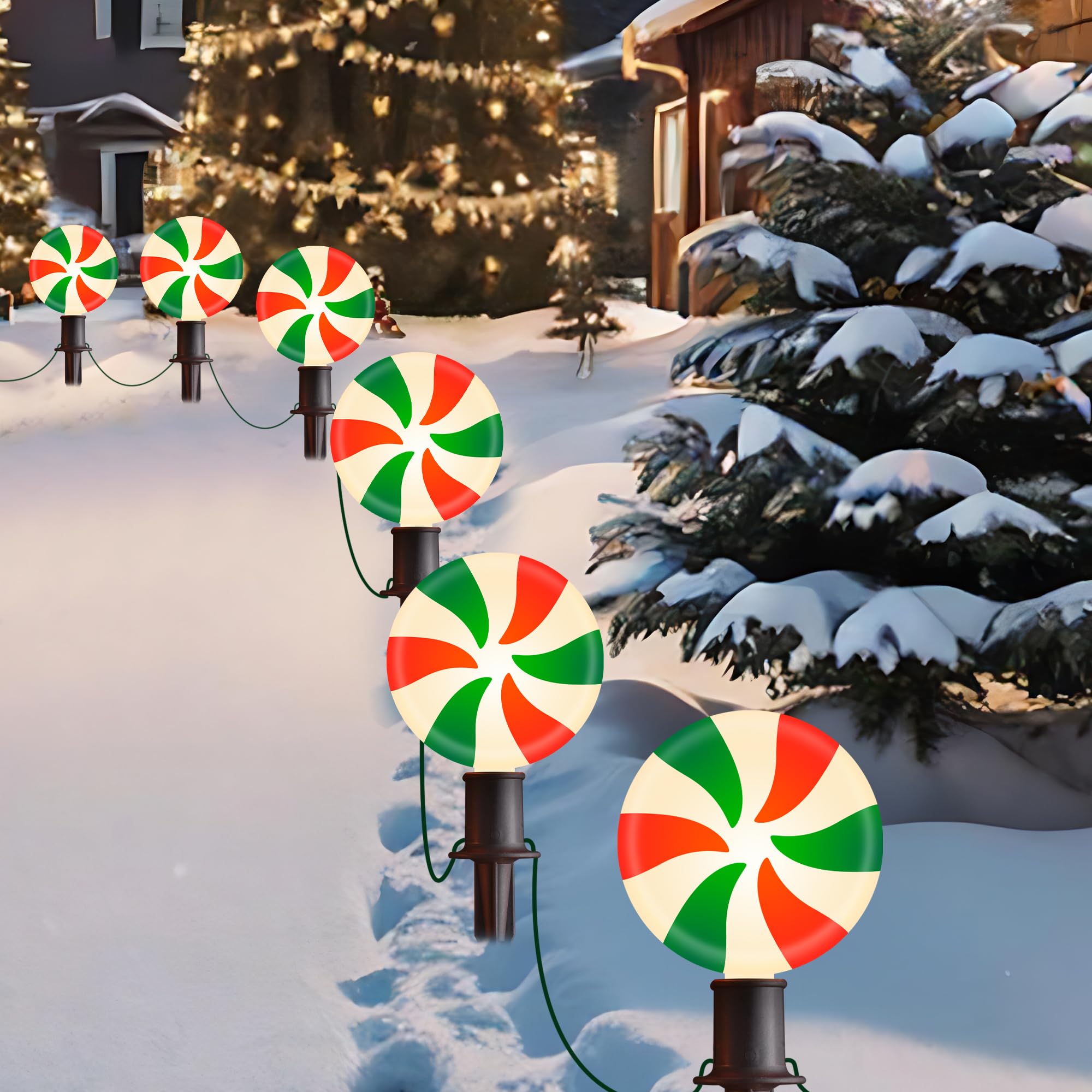 Luces de camino de piruleta de Navidad para jardín, decoración de Navidad, rojo y verde, 10 luces LED de menta con estacas para acera al aire libre, camino, techo, césped, jardín