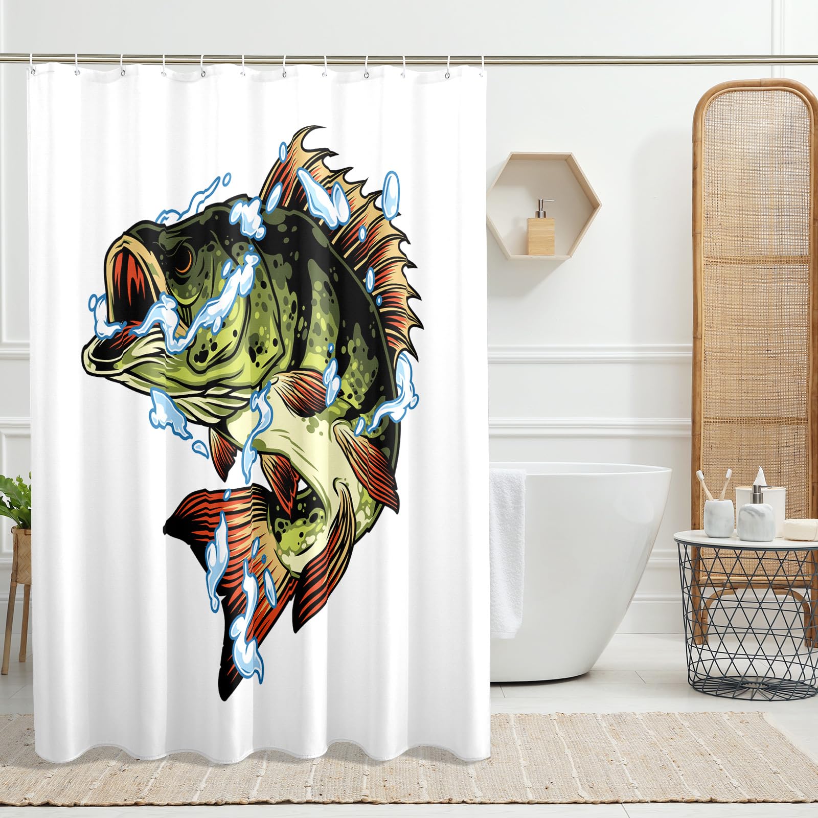 GDHBLING bass Fishing Shower Curtain Natural Animal Men Fish Water Resistant Weighted Shower Curtain Set with Hooks Cloth Fabric Decorative,Sage Green,72x72 Inch : Home & Kitchen