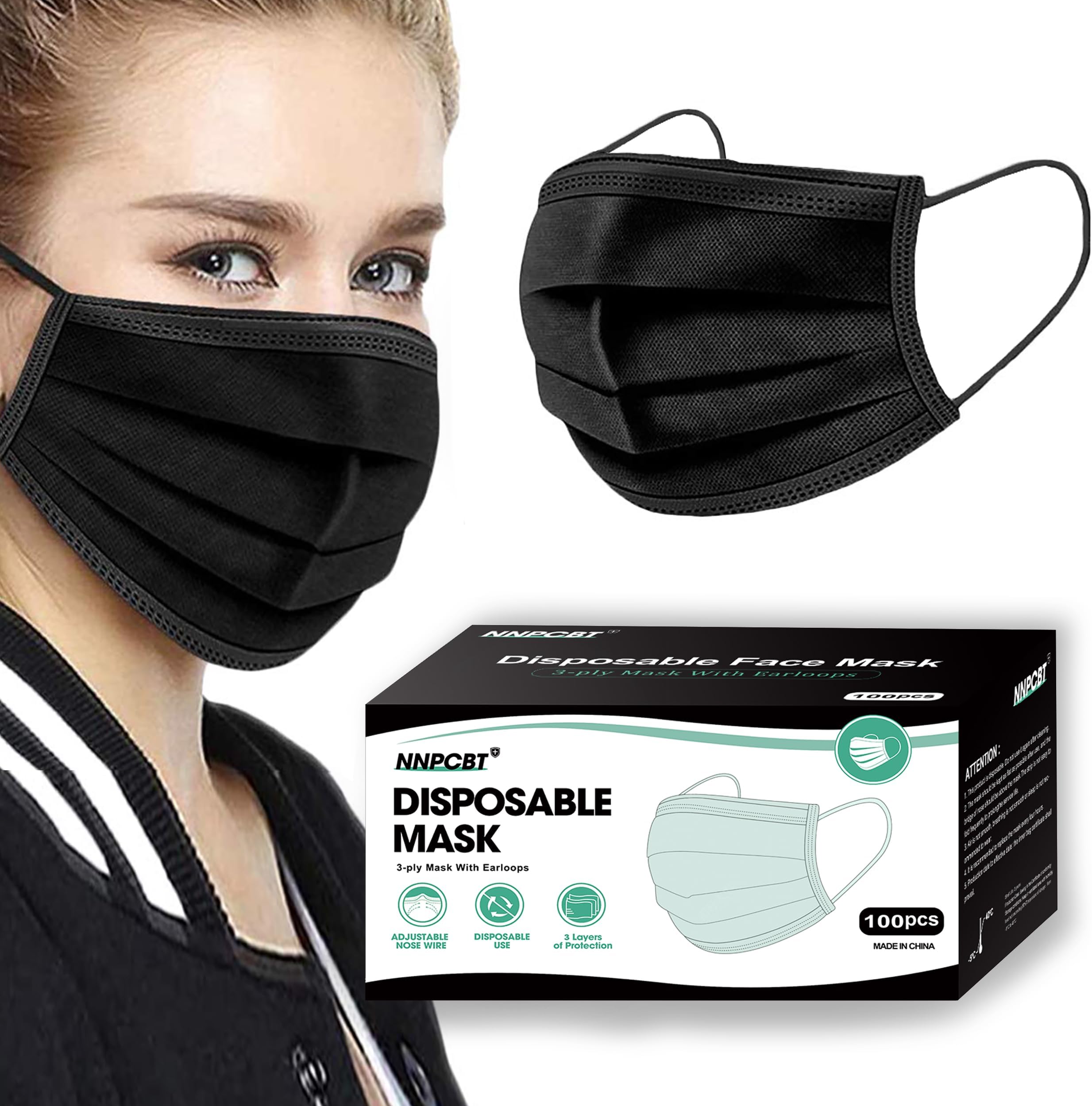 NNPCBT 100PCS 3 Ply Black Disposable Face Mask Filter Protection Face Masks