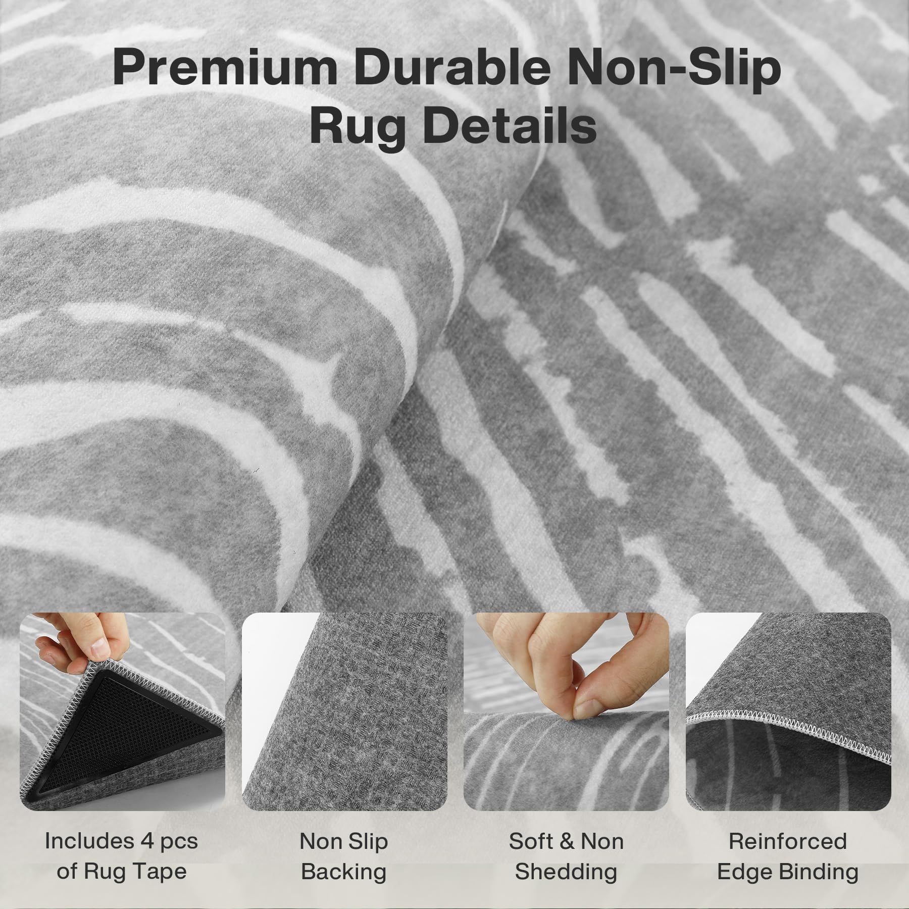 Tribesigns Tapis lavable pour salon, 160 x 230 cm, doux, bohème, minimaliste, antidérapant, à poils courts, pour entrée et cuisine, certifié Oeko-Tex, gris