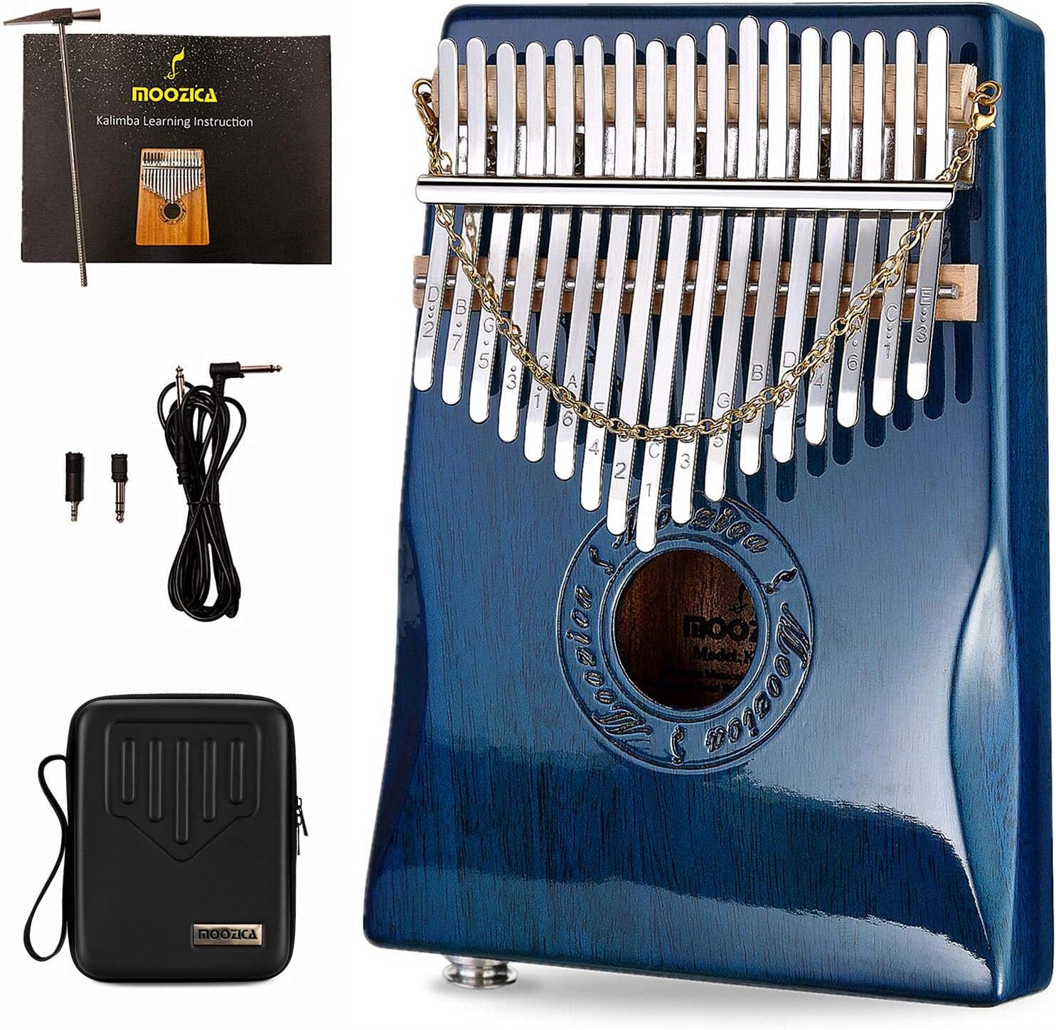 Moozica 17-Key EQ Kalimba, Professional Electric Kalimba Thumb Piano With Built-in Pickup, 6.35mm Audio Port and Professional Kalimba Case (Mahogany-Blue)