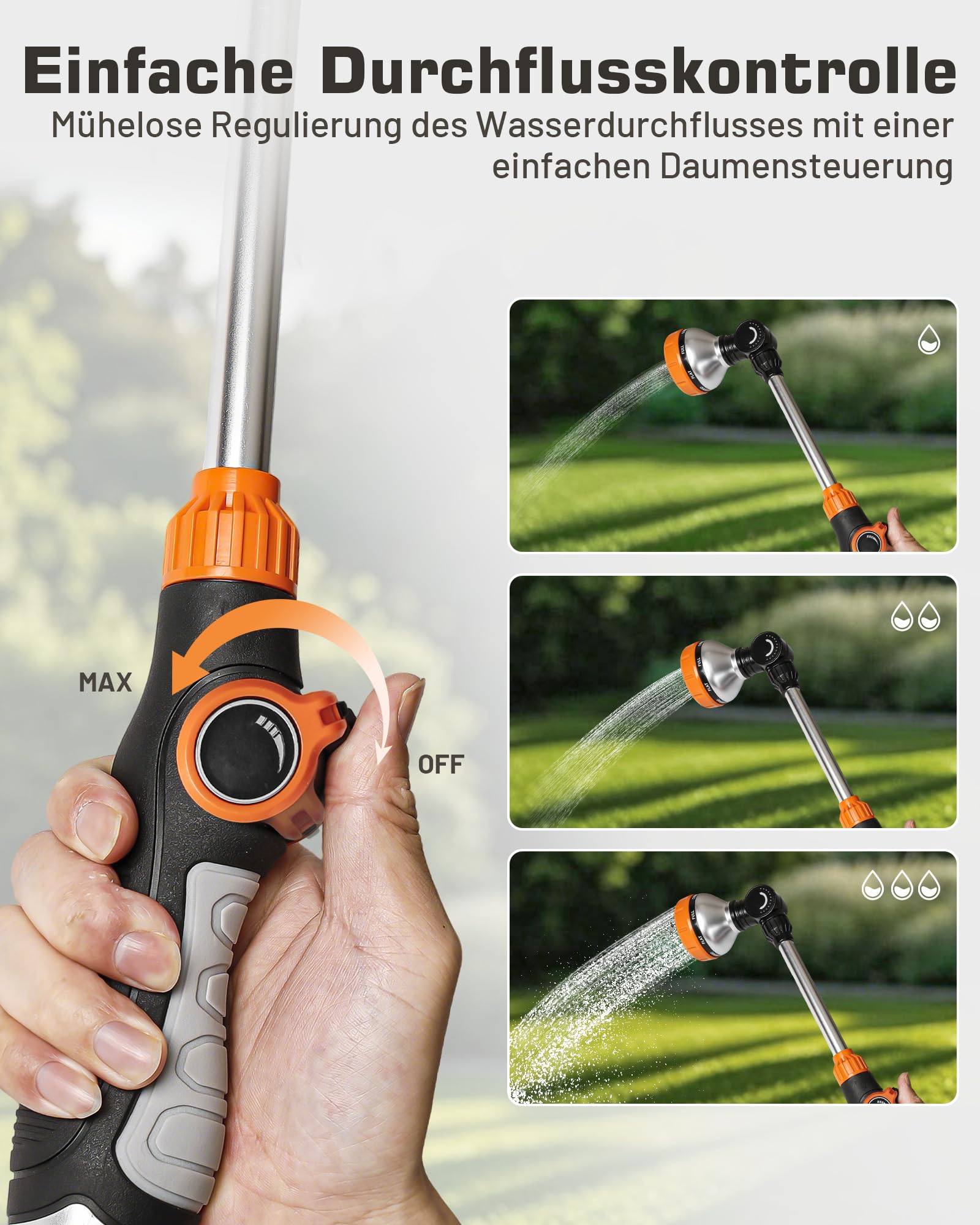 Unistyle Varilla de riego, robusta ducha de jardín, 8 tipos de chorro, barra de riego con control de pulgar, ducha de mano para riego y limpieza de jardín, varita mágica para cestas colgantes y