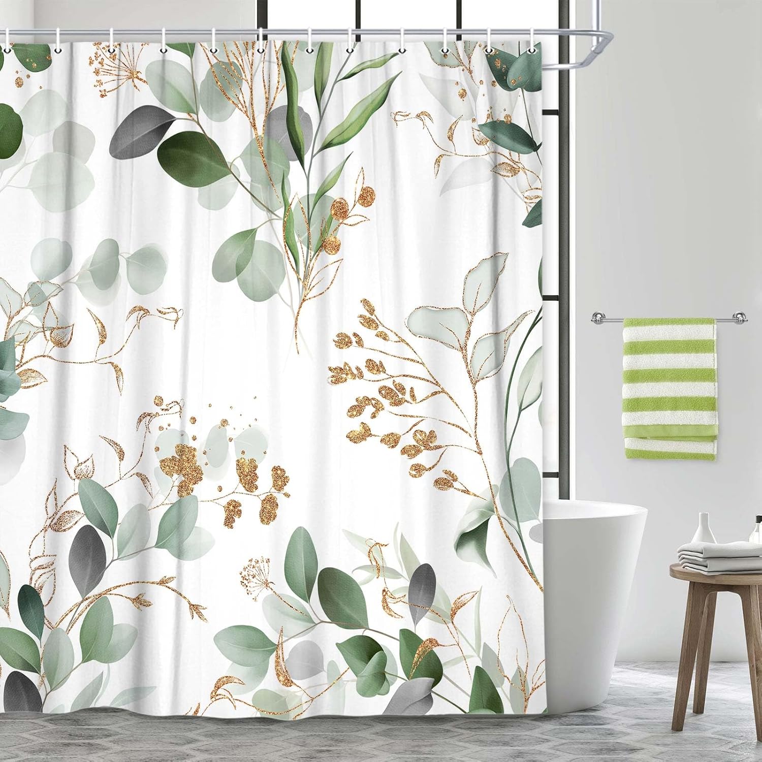 Sage Green Spring Leaves Shower Curtain, Modern Plants Botanical Fabric Cloth Shower Curtains for Elegant Bathroom Decor, Watercolor Eucalyptus Leaf Shower Curtain,70X78
