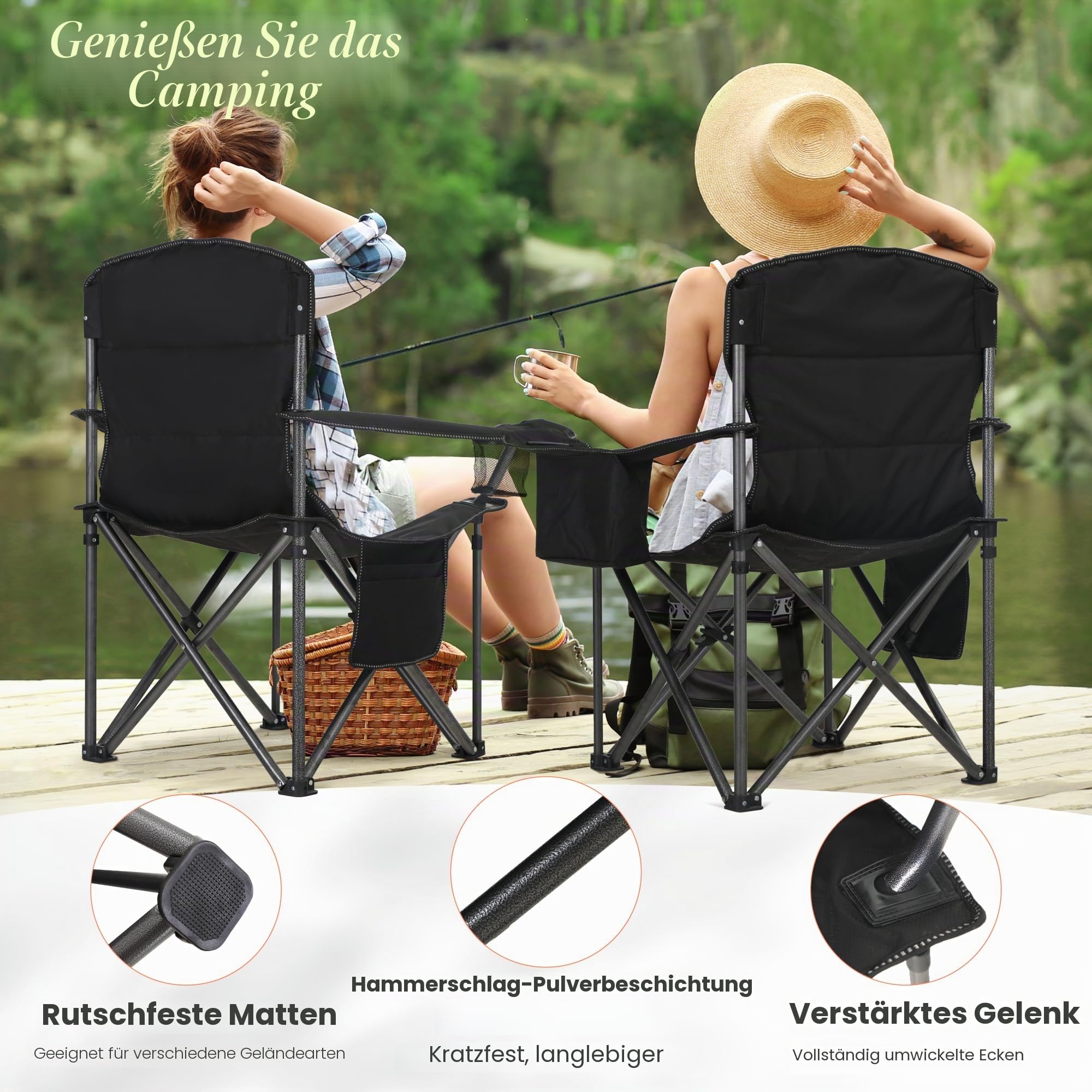 HIGH POINT SPORTS Campingstuhl Faltbar 200kg Klappstuhl Gepolstert mit Getränkehaltern Faltbarer Angelstuhl XXL mit Armlehnen Outdoorstuhl