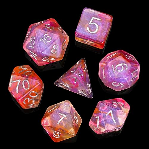 Miniatura 2 de UDIXI Juego de dados poliédricos de 7 dados con purpurina y remolinos naranjas, dados DND para juegos de rol de Calabozos y Dragones (rojo naranja)