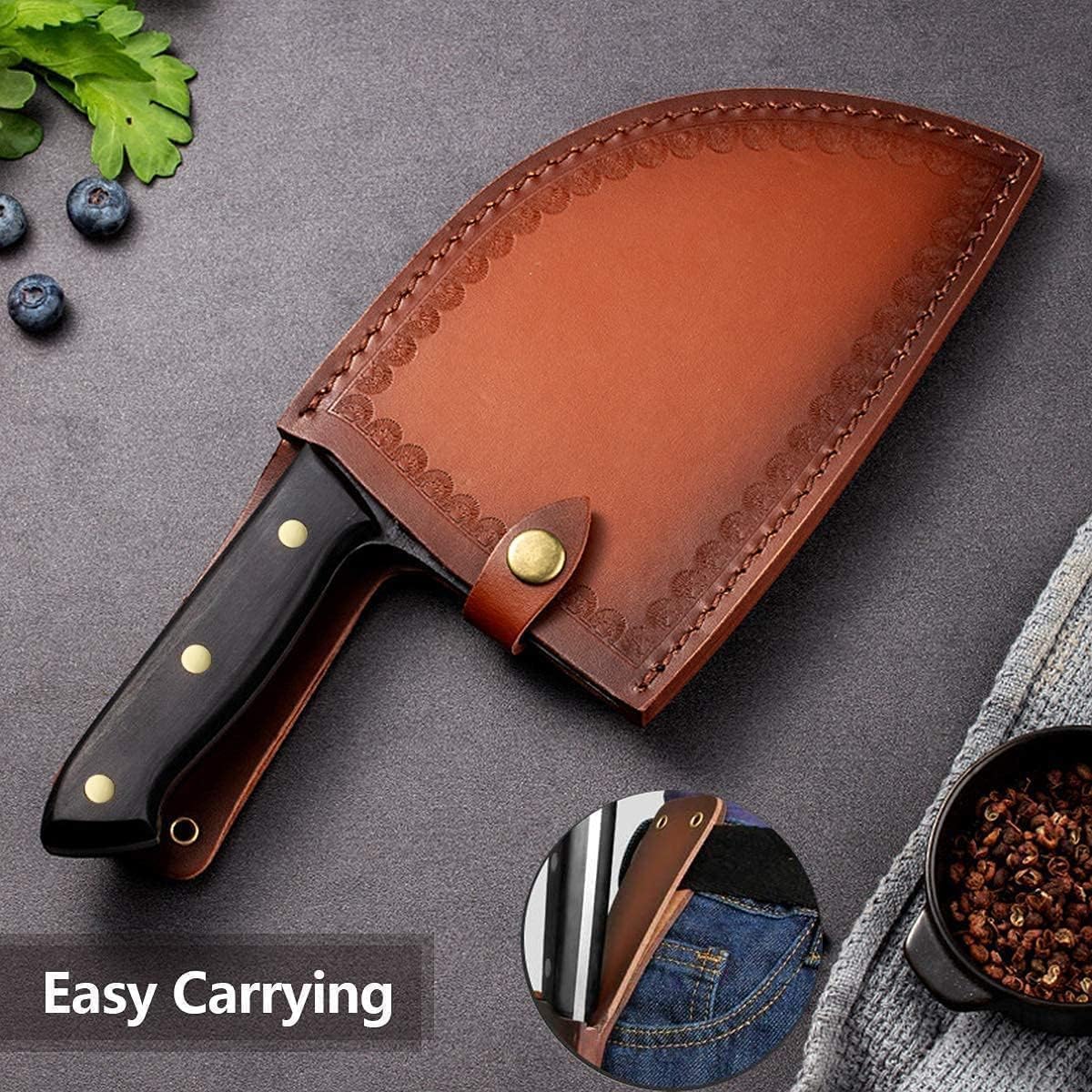 Freelander Serbian Chef Knife, Heavy Duty Handmade Forged Meat Cleaver for Meat Cutting, Full Tang High-Carbon Clad Steel Butcher Knife, Non-Slip Handle and Leather Sheath,Christmas Gifts for Men - Image 8