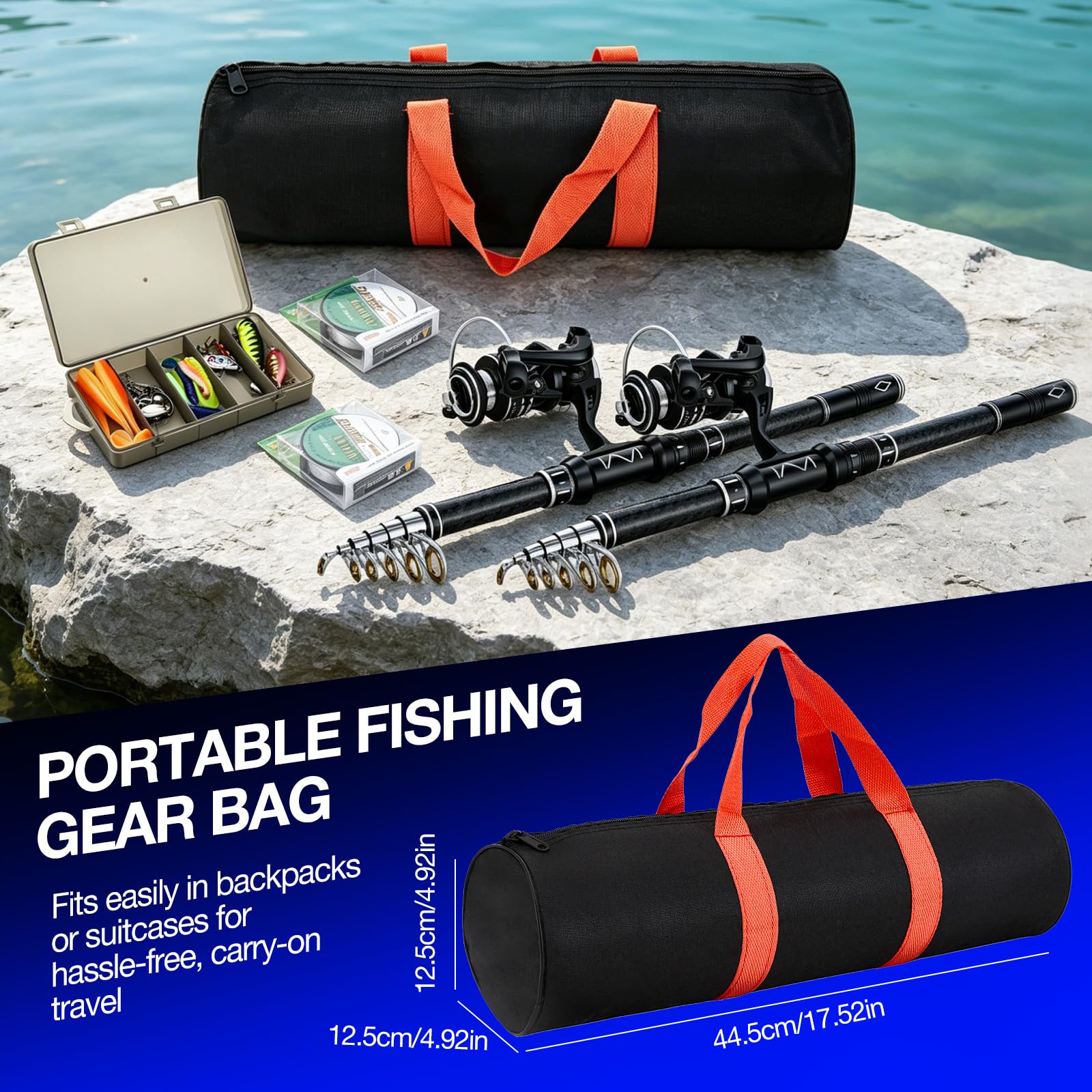 Angelset mit 2 Teleskop-Angelruten, 2.4m Kohlefaser-Angelrute Set Komplett 2 5.2:1 Spinnrolle, Köderbox & Tragetasche, Angelrute Set für Salzwasser Süßwasse Fishing, Reisen–Angelgeschenk