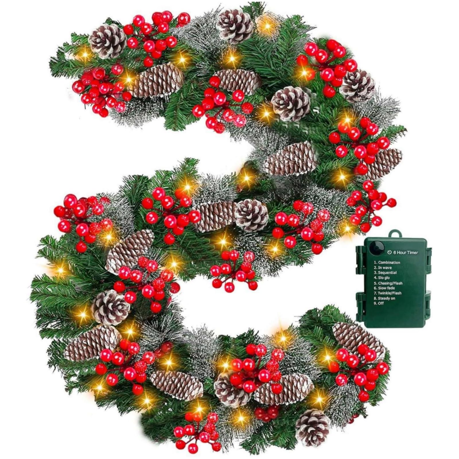 Guirnalda de Navidad prémium de 9 pies con 50 luces LED, 15 conos de pino, 32 bayas rojas y 260 ramas exuberantes | 8 modos de iluminación, funciona con pilas con temporizador | para decoración