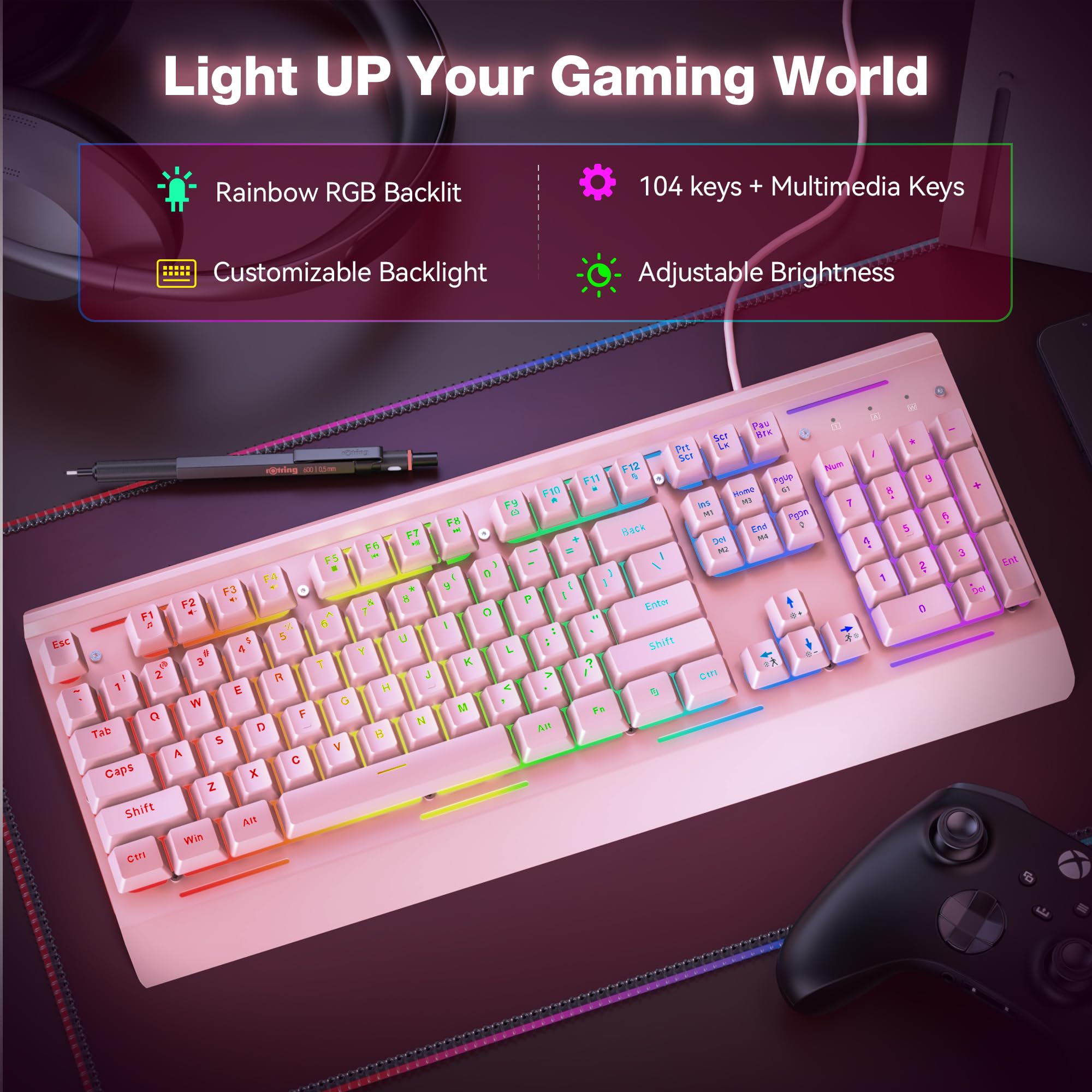 TECKNET Wired Gaming Keyboard, RGB Backlit Keyboard with Metal Panel Design view 3