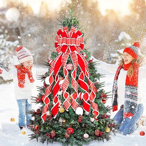 Miniatura 7 de Decoración para árbol de Navidad, lazo grande rojo para árbol de Navidad, arpillera con borde de poliéster blanco, lazo de regalo para adorno de