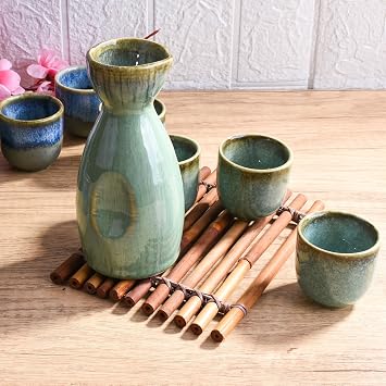 Japanese Sake Set 1 Ceramic Sake Pot and 4 Sake Cups, Pot 300 ML, Cups 50 ML(Green)