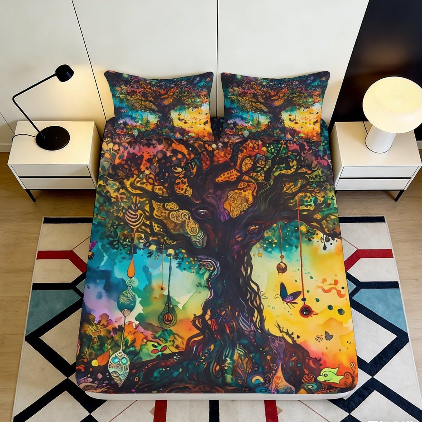 3D Printed Colorful Tree of Life Fitted Sheet Microfiber Soft Artistic Forest Bed Cover for Bedroom Guest Room Decor 90x200x25cm