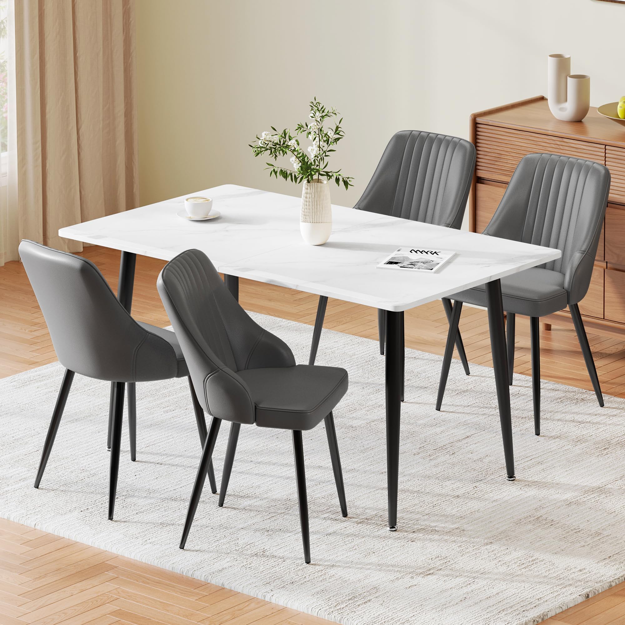 joolihome living Dining Table and Chairs Set 4, 120cm White Marble Effect Kitchen Table Set with 4 Grey Upholstered PU Leather Chairs, Modern Dining Room Furniture