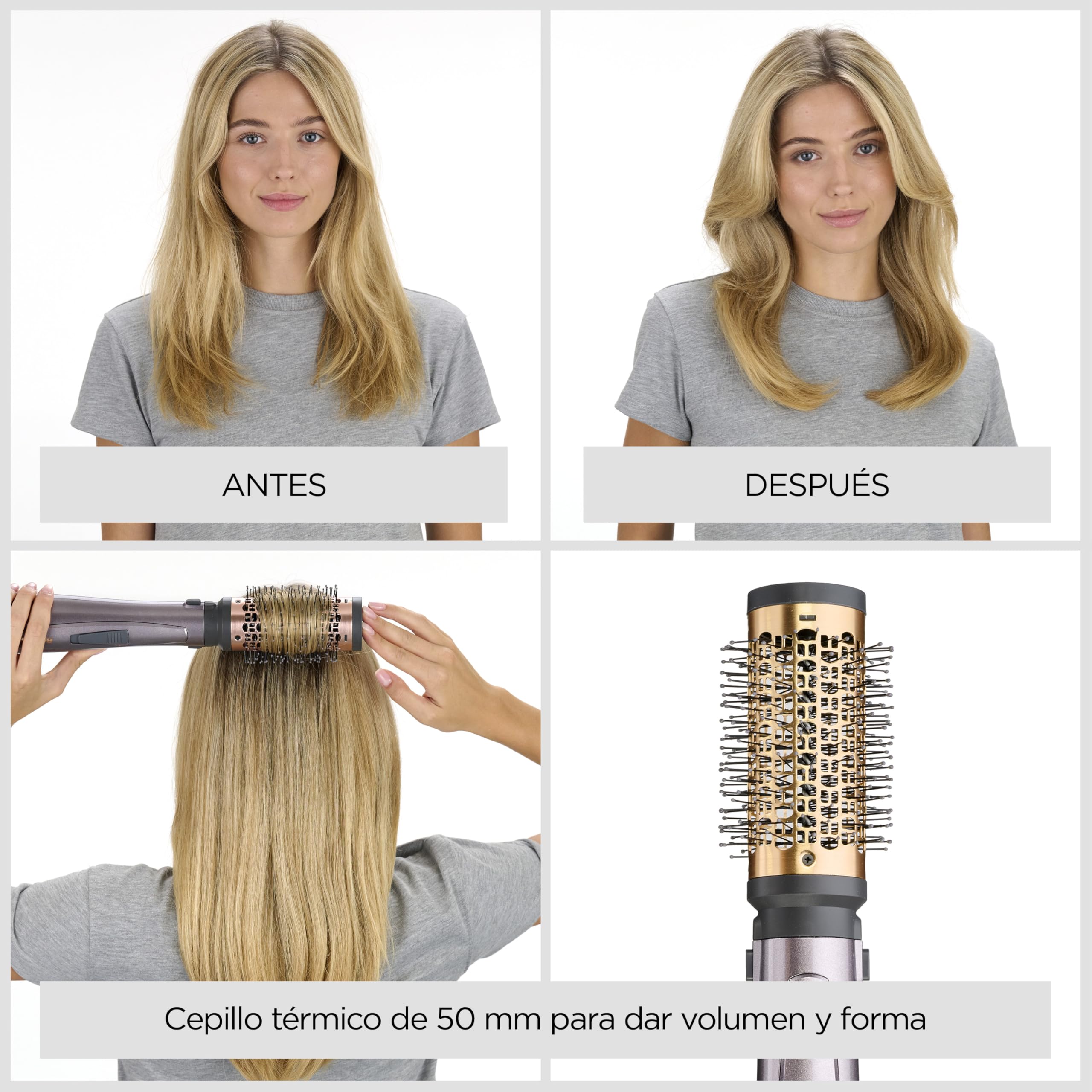 BaByliss Cepillo de Aire Style 1000 - Cepillo secador de pelo, Todo en Uno, Voluminizador y Rizador, Sistema iónico avanzado, Antiencrespamiento, 1000 W, 4 accesorios, Cobre/Gris, AS136E