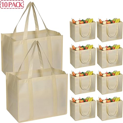 Miniatura 3 de DIOMMELL Paquete de 10 bolsas de comestibles reutilizables, extra grandes, superfuertes, resistentes, con asas reforzadas, color beige