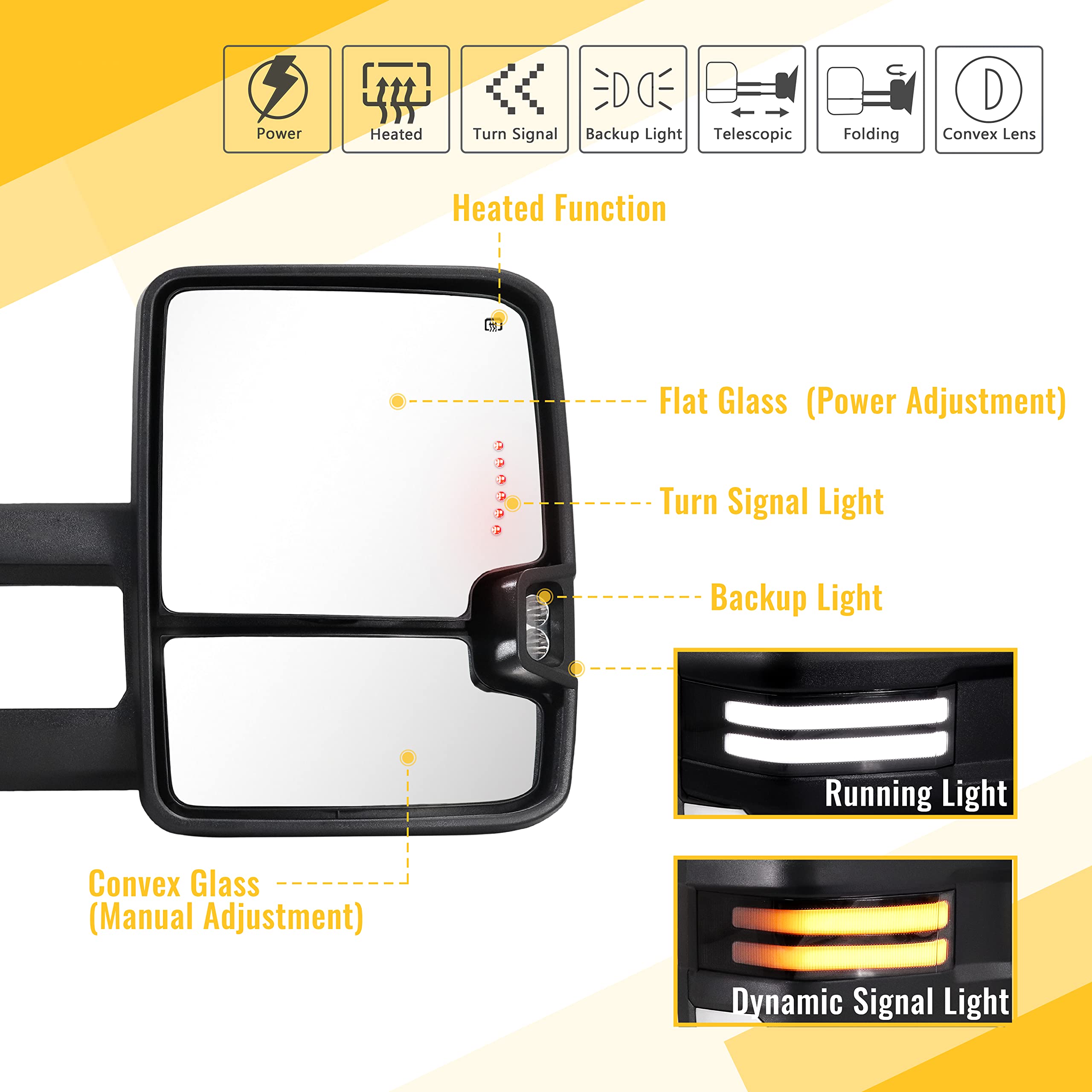 Switchback Towing Mirrors Chrome for 2007-2013 Chevy Silverado Suburban Tahoe Avalanche GMC Sierra Yukon with Power Glass Dynamic Turn Signal Light Backup Lamp Heated Extendable Pair Set