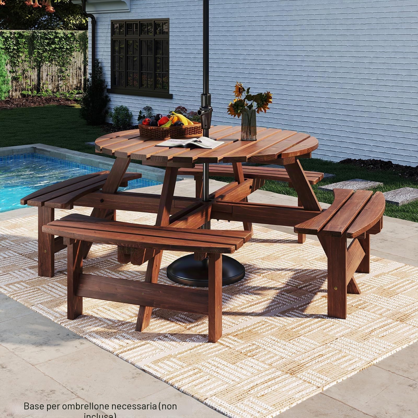 GIANTEX Set da Giardino in Legno di Abete 8 Persone Tavolo con Sedie Integrato Foro Ombrellone 178x70 cm