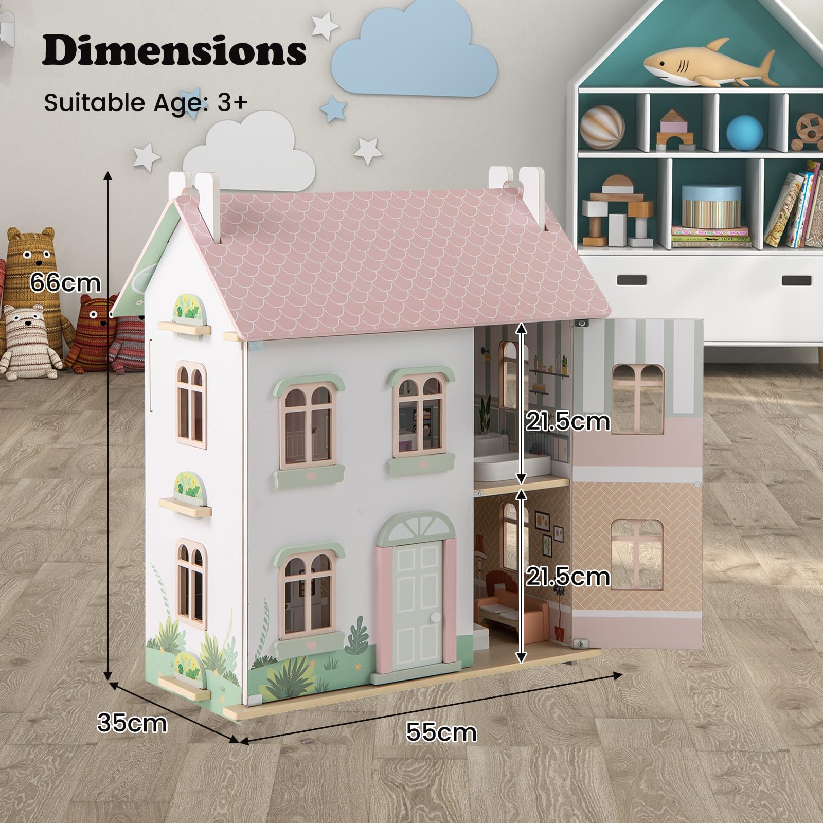 HOMASIS Casa delle Bambole per Bambini a 3 Piani, Casa da Sogno per Bambole in Legno con Mobili, Accessori, Tetti a Doppia Faccia, Villa delle Bambole di 3+ Anni, 55 x 33,5 x 66 cm, Rosa
