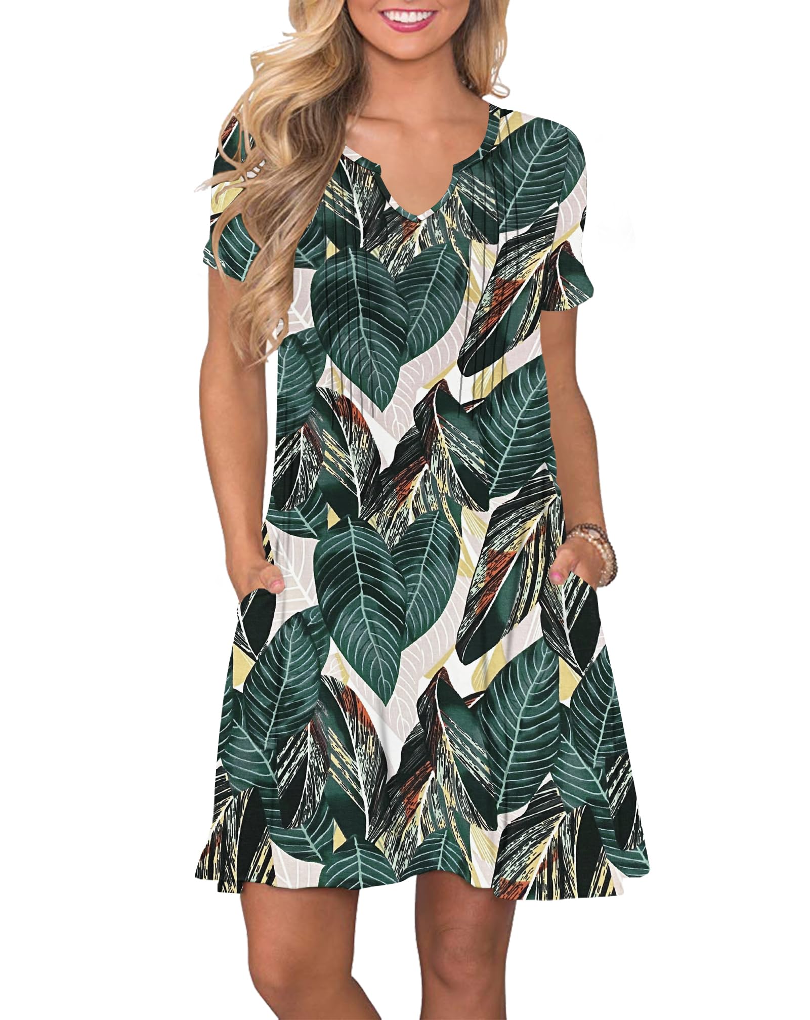 PLOKNRD Damen Sommerkleid Elegant Plissiert Strandkleider Gekerbter V-Ausschnitt T-Shirt Kleid Knielang mit Taschen