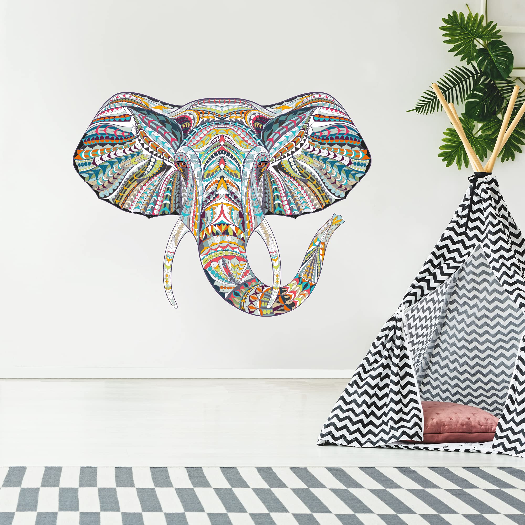 Patterned Elephant Head Wall Sticker Art Home Decal Mural (120cm Width x 90cm Height)