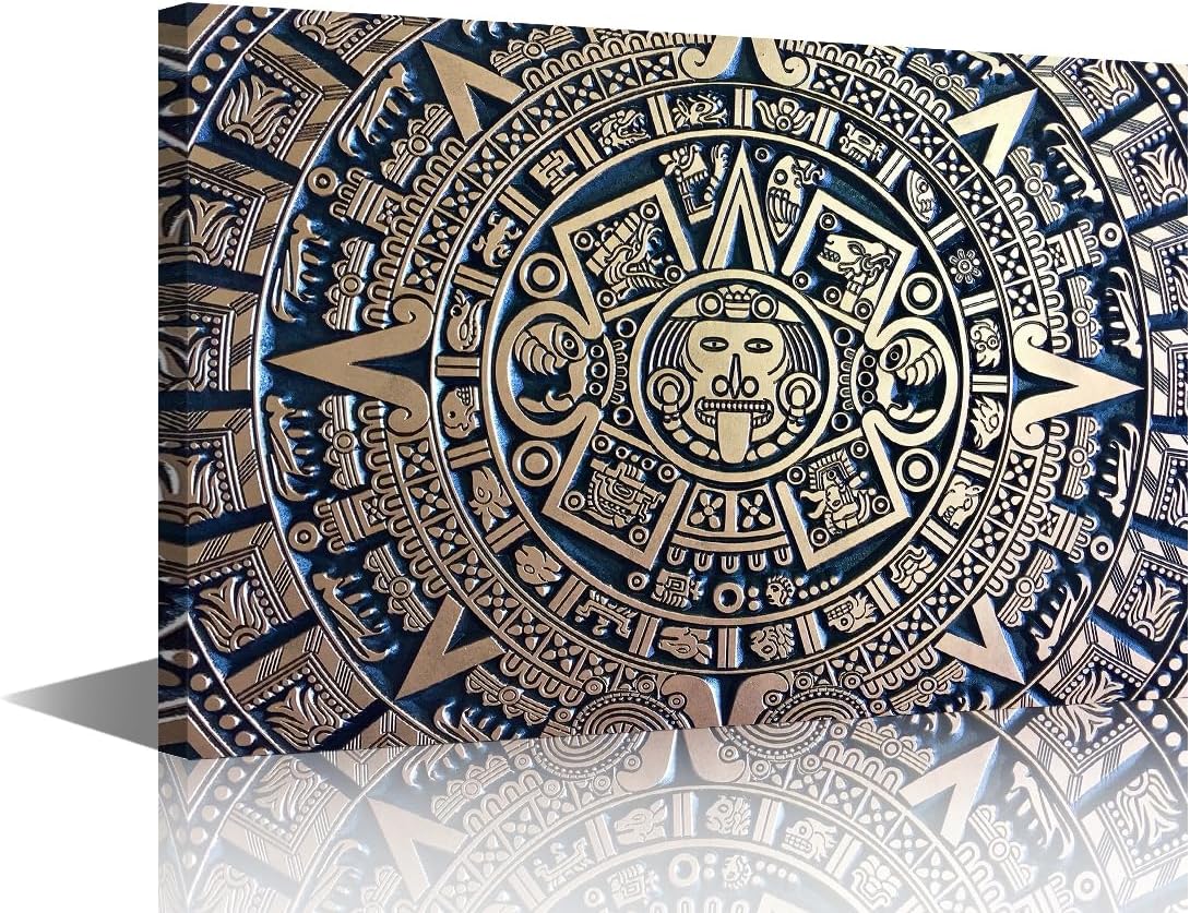 TUMOVO Aztec Calendar Canvas Wall Art for Living Room Home Decor Golden Aztec Sun Stone Poster Prints on Canvas Mayan Wall Decorations for Bedroom Bathroom Office Framed Ready to Hang, 36x24in 36"L x 24"W Artwork-08