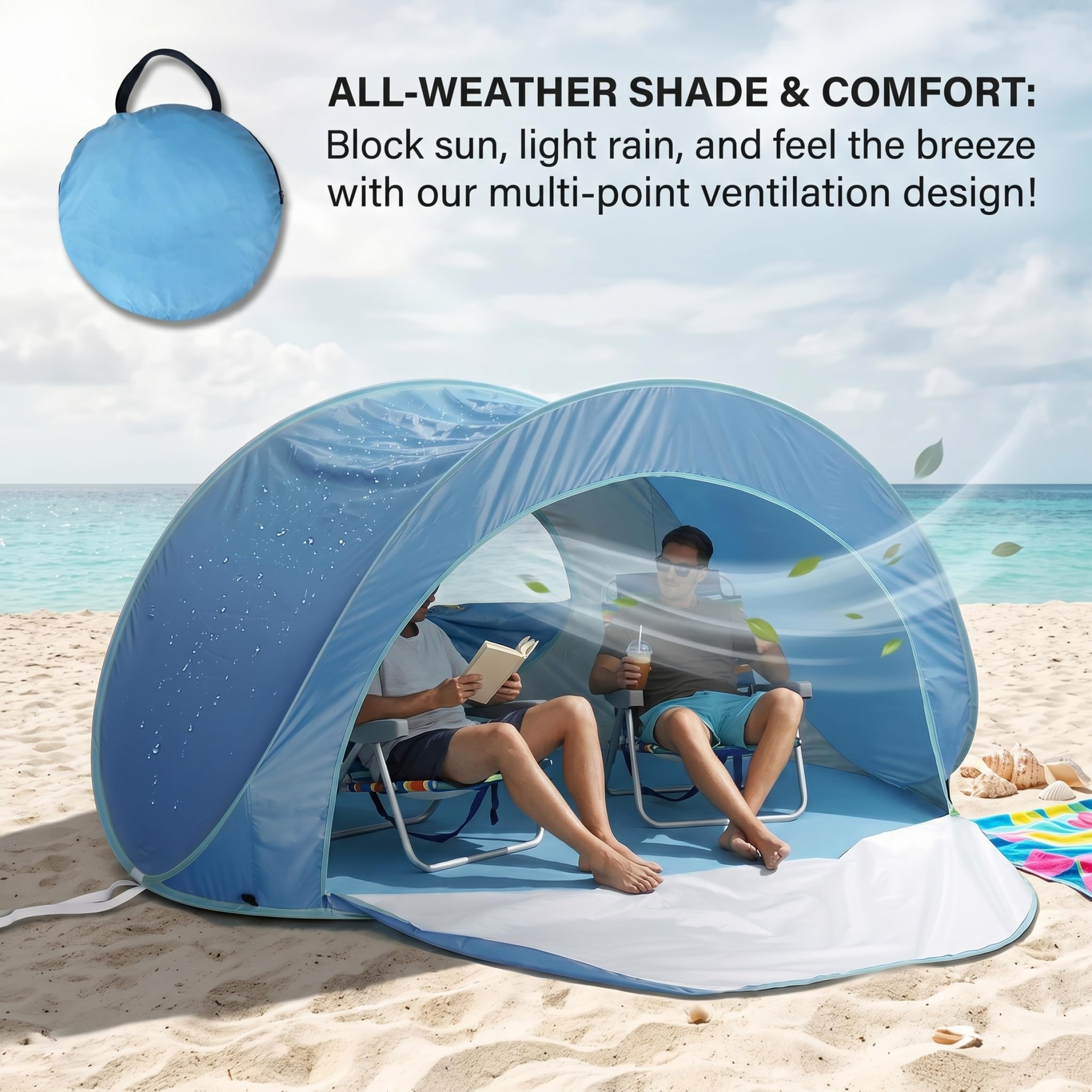Tente de Plage Pop-up pour 3 à 4 Personnes, Pare-Soleil de Plage Portable et Pliable avec Rideau à Fermeture éclair, Tente d'extérieur Installation instantanée Automatique, Bleu, Facile