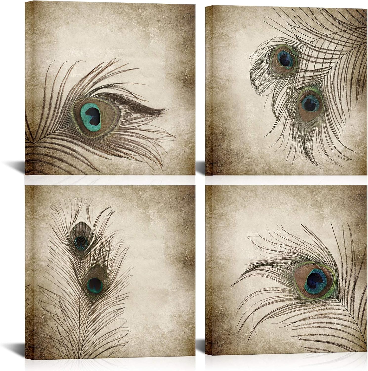 KLVOS 4 Panel Canvas Wall Art Vintage Style Peacock