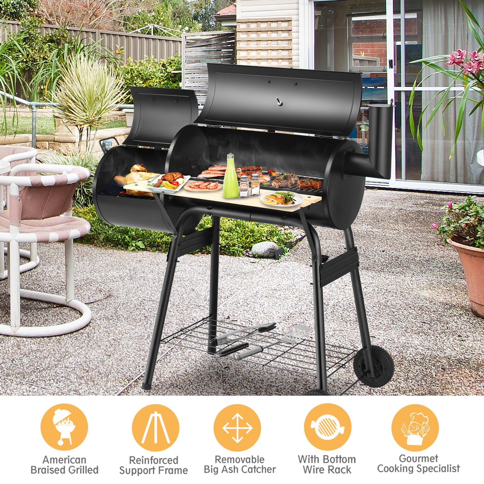 KOMFOTTEUBarbecue a carbone con termometro e ruote, griglia in acciaio con camino, affumicante per esterni, con tavolo laterale e ripiano inferiore, 115 x 65 x 108 cm