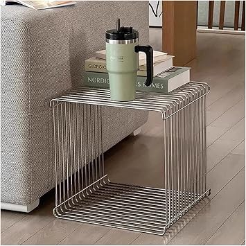 Stainless Steel Side Table, Metal Side Table with Wire Cube Storage, Retro Square Accent Table for Living Room Office Silver Finish Silver,14in