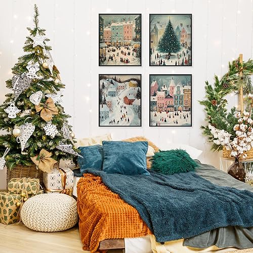 Miniatura 5 de Locomiss Pósteres decorativos de pared de pueblo navideño, lindas casas retro de pueblo de Navidad, decoración de pared de vacaciones de invierno,