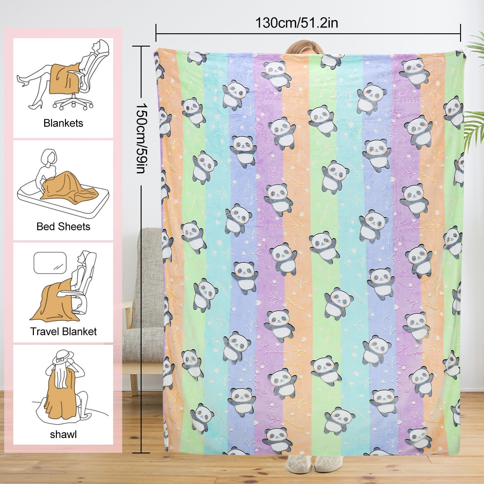 LXTOPN Coperta luminosa al buio, Coperta per bambini e adulti, 130 x 150cm motivo panda morbida coperta, regalo per ragazze,(Panda-A, 130 x 150 cm)