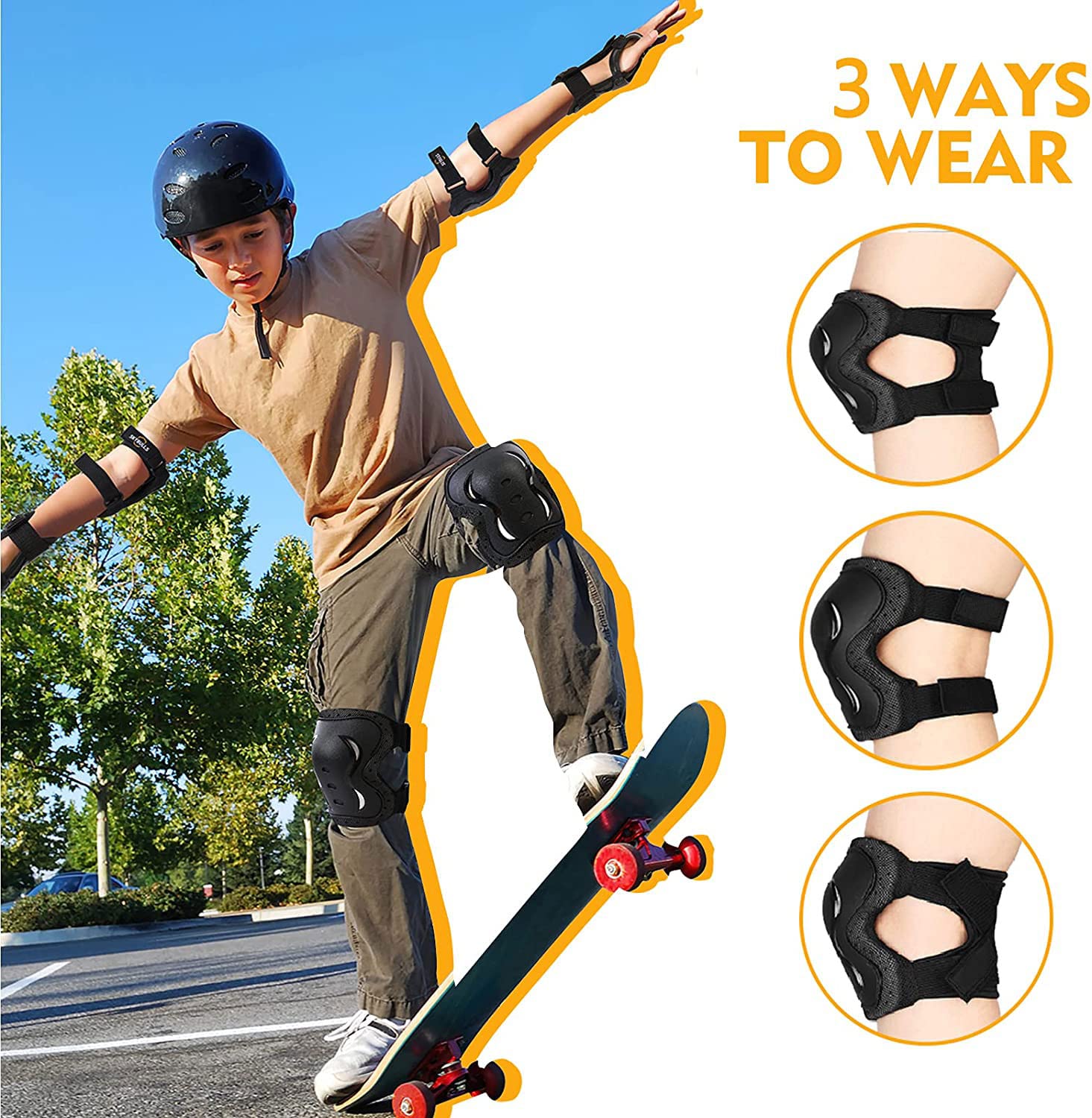 Monbessi Protezioni Skateboard Adulto Adolescente, Set di 2 Ginocchiere, 2 Gomitiere e 2 Polsiere Protettive per con Cinghia Regolabile, per Pattini, Sci, Monopattini, Ciclismo, Roller