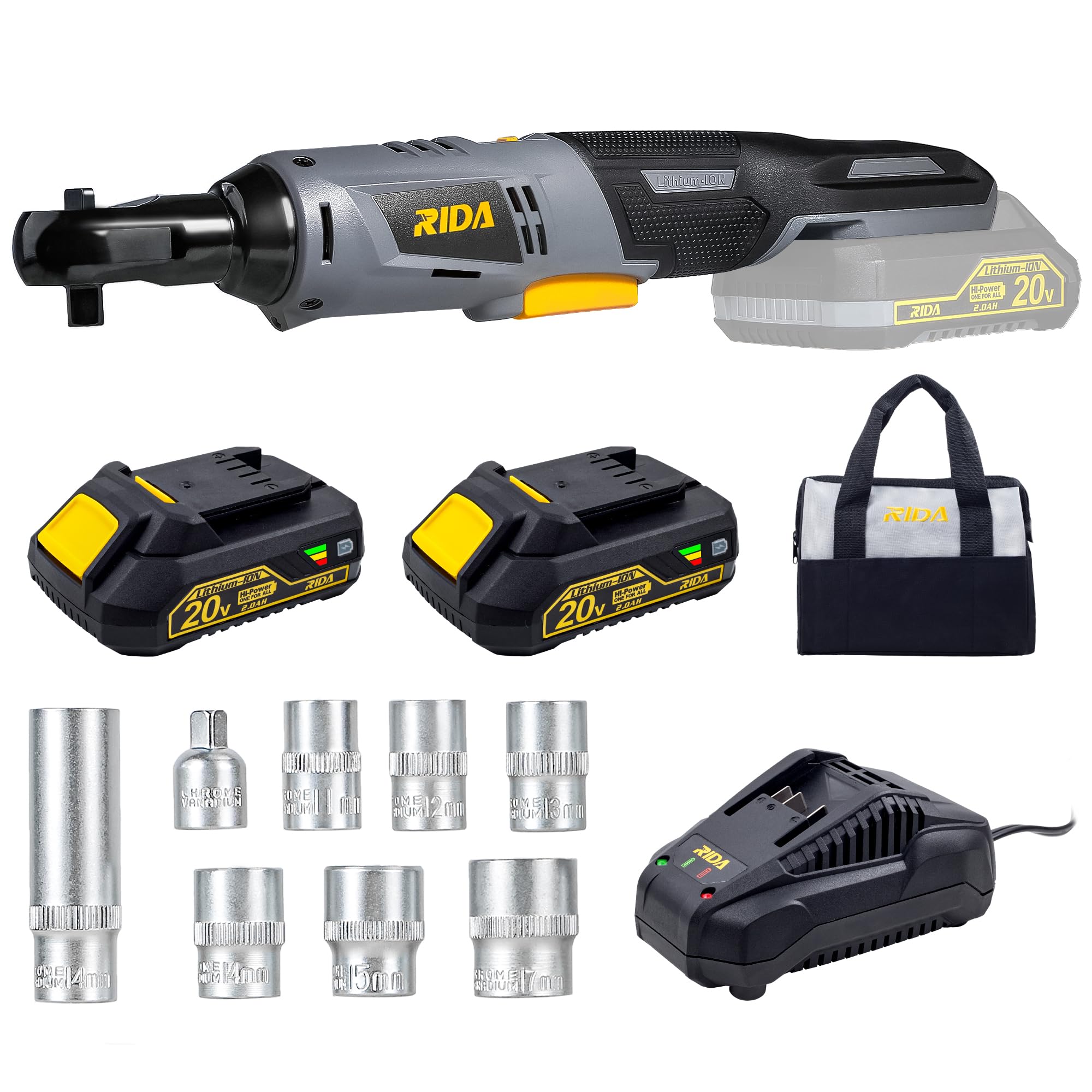 RIDA Cordless Ratchet Wrench Set 60N.m 20V Electric Ratchet Wrench, 3/8 "Electric Ratchet Tool Kit w/ 2 x 2.0AH Li-Ion Battery, 7 Sockets, 1/4" adapter w/ 60-Min Charger Variable Speed Gifts